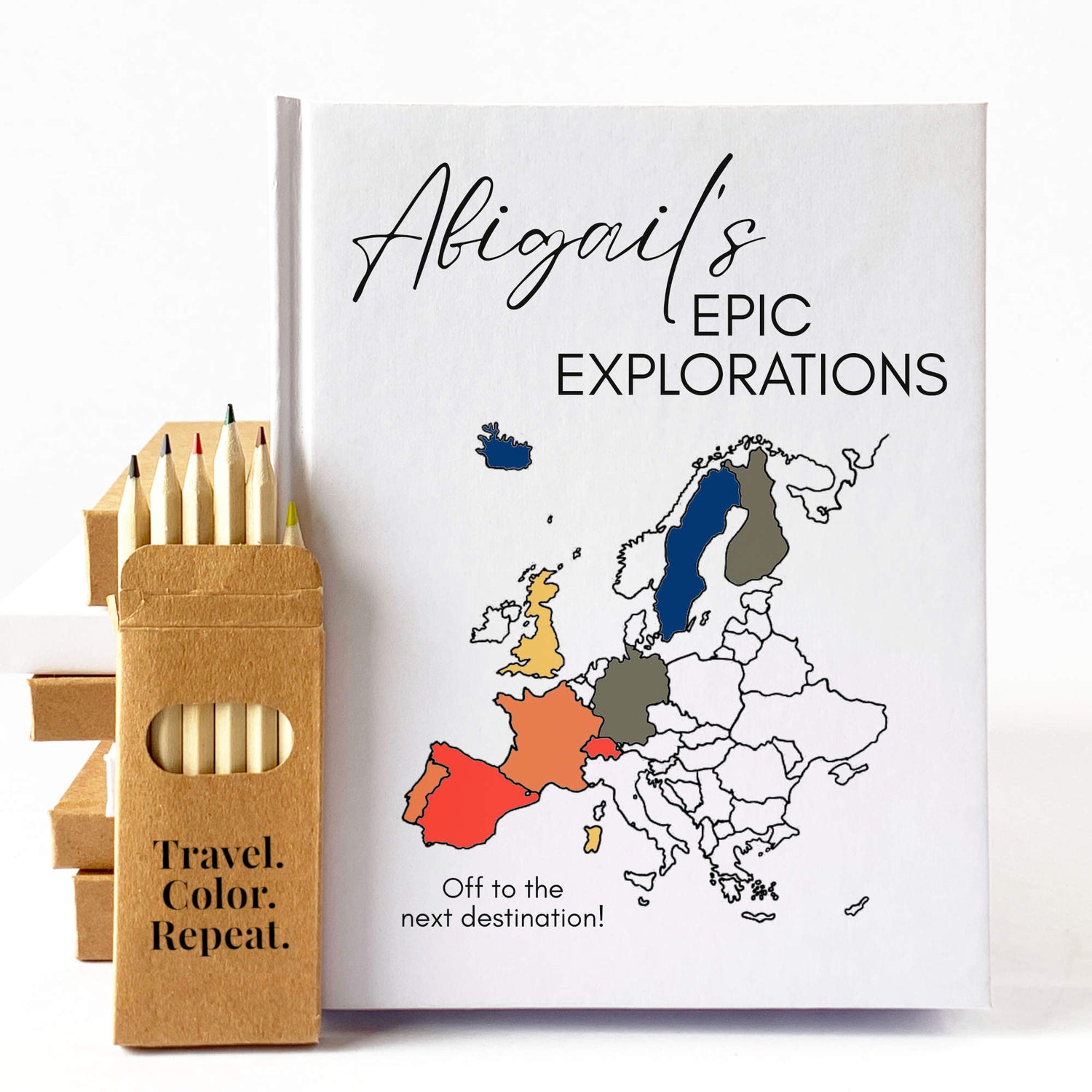 Personalized travel journals with a custom map design on the cover. Color in the places you visit to create a unique record of your adventures.