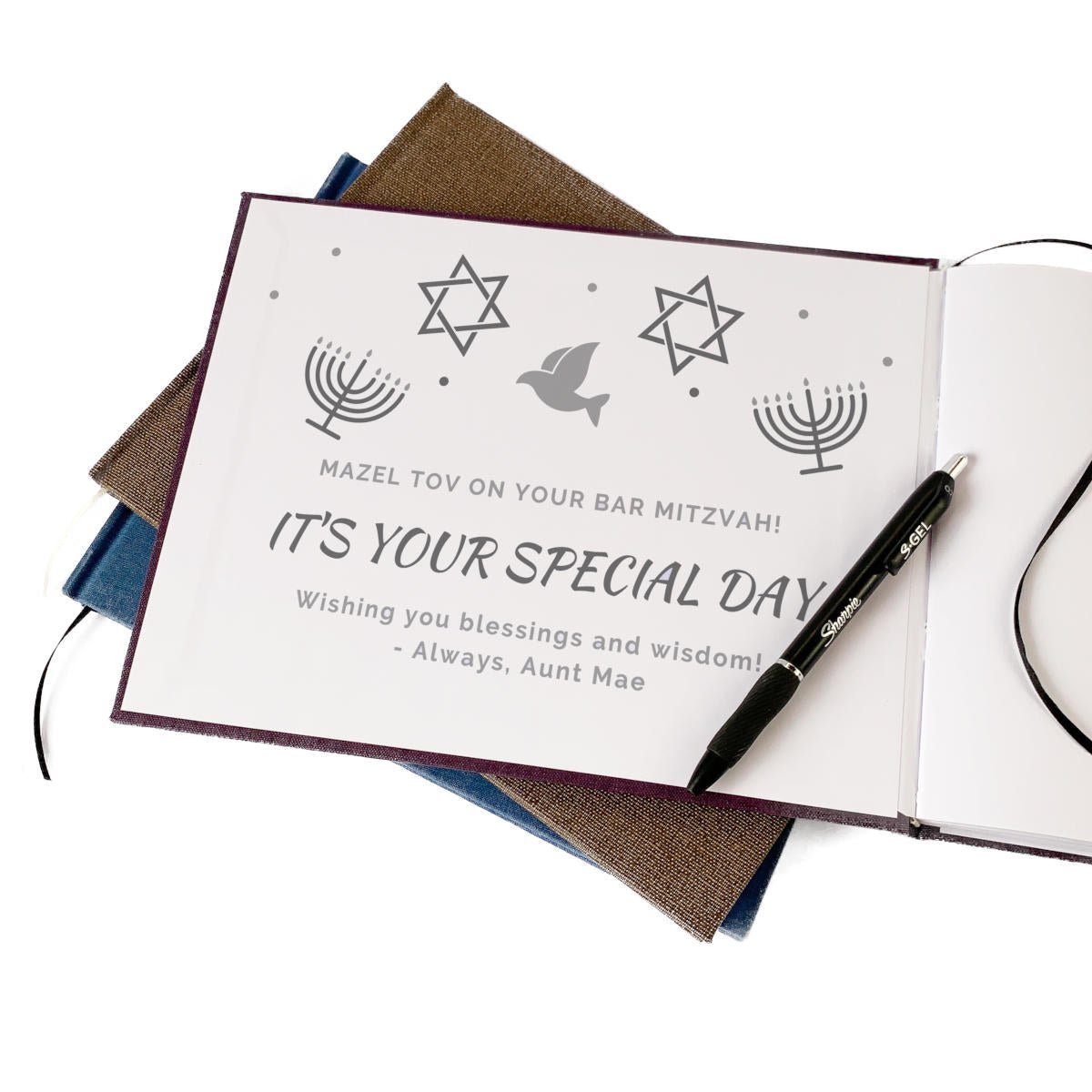 Custom printing on the inside front cover of a Bar Mitzvah guest book—add a personal touch they'll remember forever.
