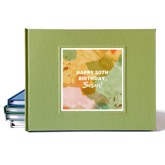 Birthday party guest book with green linen hardback cover, made to order. Personalized watercolor art work and birthday wishes printed on cover.