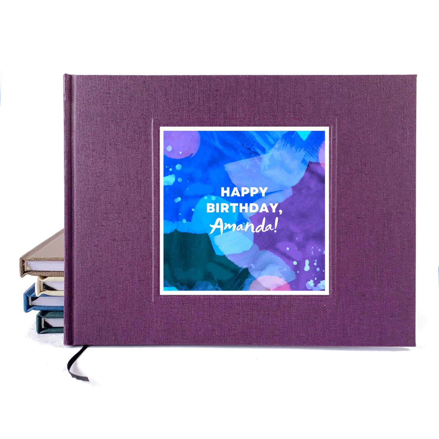 Personalized birthday party guest book, purple linen, hardback, with watercolor artwork personalized on the cover. Made to order.