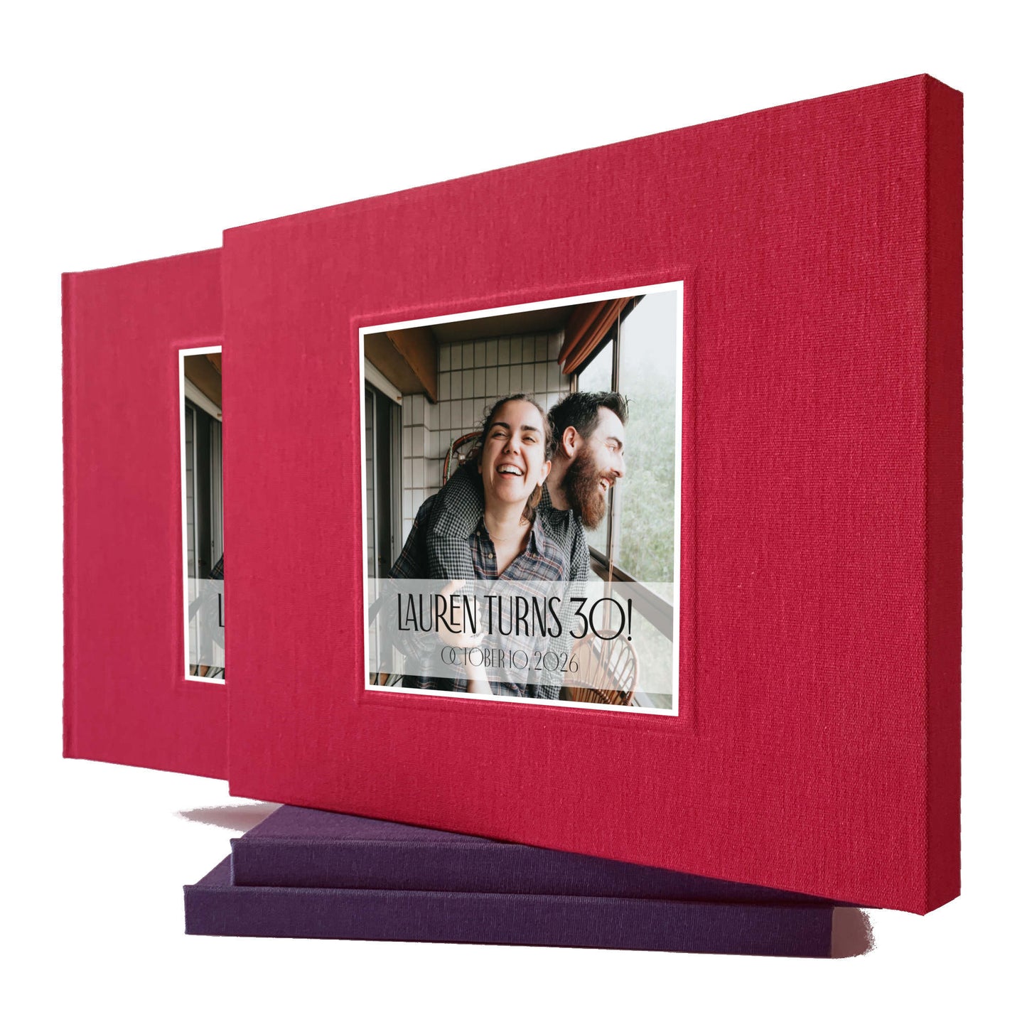Birthday party guest book, burgundy linen book, in a matching book slip case. Photo of birthday girl on cover, with custom text.
