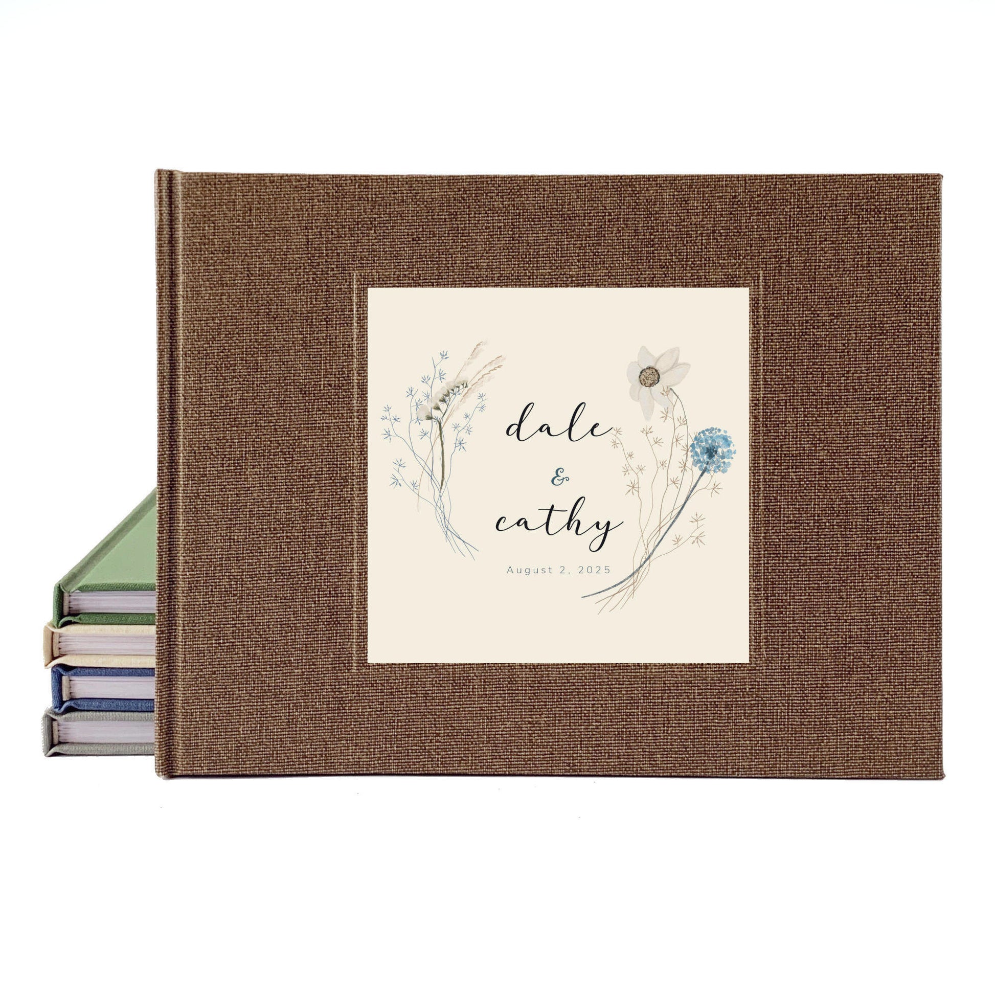 Rustic brown linen guest book for boho wedding. Wildflower bouquet design on the cover customized with bride and groom names & wedding date.