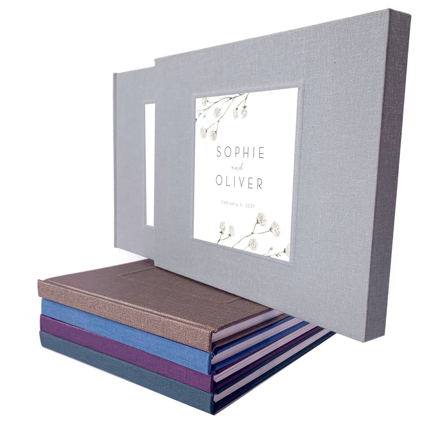 Custom botanical wedding guest book with hardback gray linen cover in a matching book slipcase for engaged couple