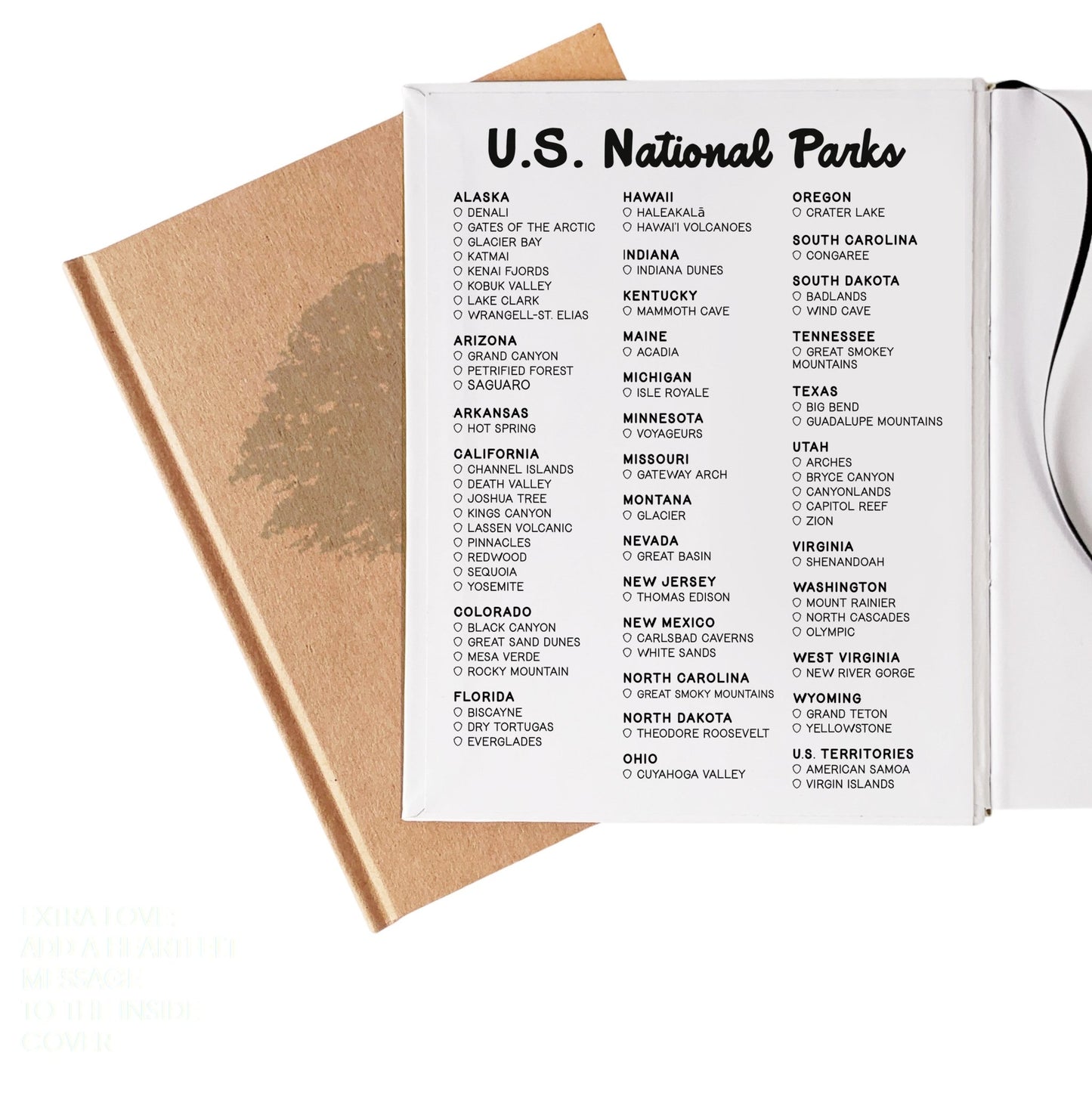 Personalized National Parks journal open to checklist of U.S. National Parks on inside front cover.