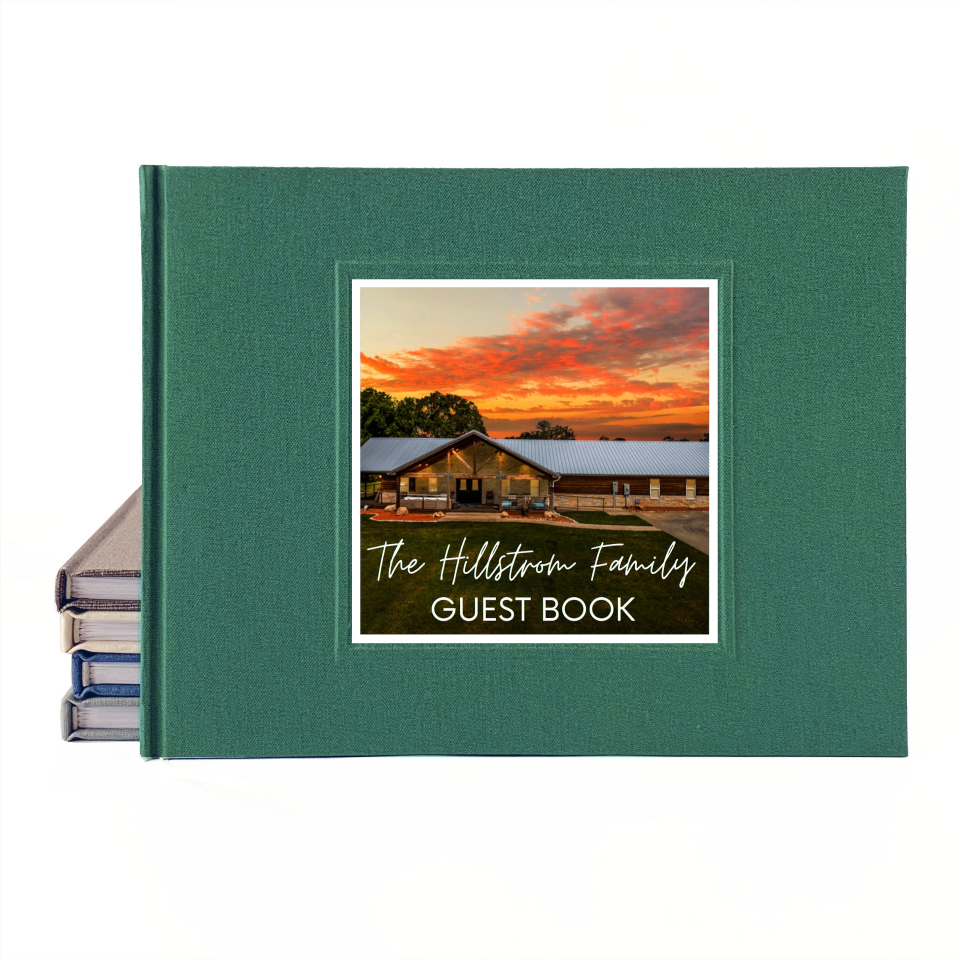 Customizable guest book for home with a photo of the home and custom text on the cover. Hardback book, hand crafted.