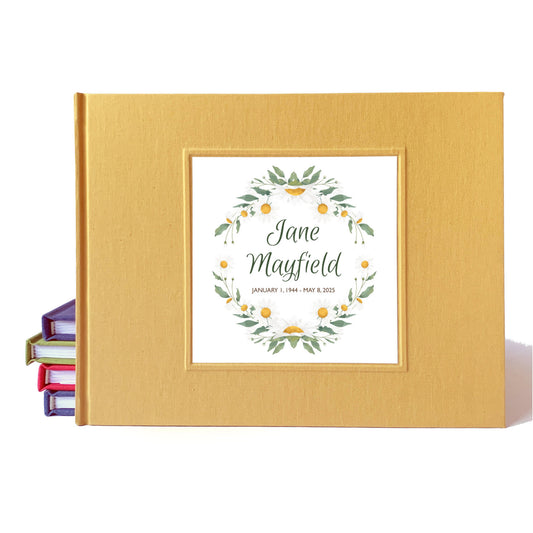Celebration of life guest book with custom daisy wreath design on the cover. Yellow funeral sign in book, handcrafted, heirloom quality.