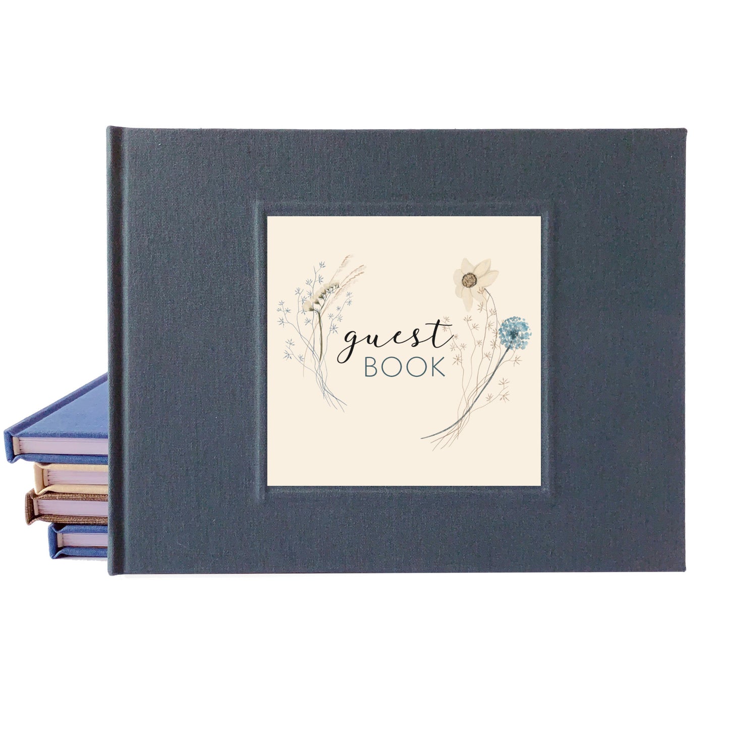 Elegant boho wedding guest book with custom wildflower bouquet on cover. Handcrafted, heirloom quality guest book.