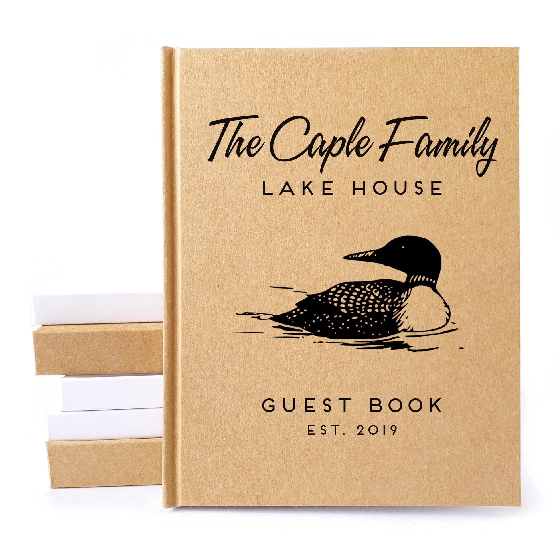 Custom guest book for a lake house or vacation rental. Personalized text and cover art on the front. Kraft cover. Hardback book. Handbound. Heirloom quality.