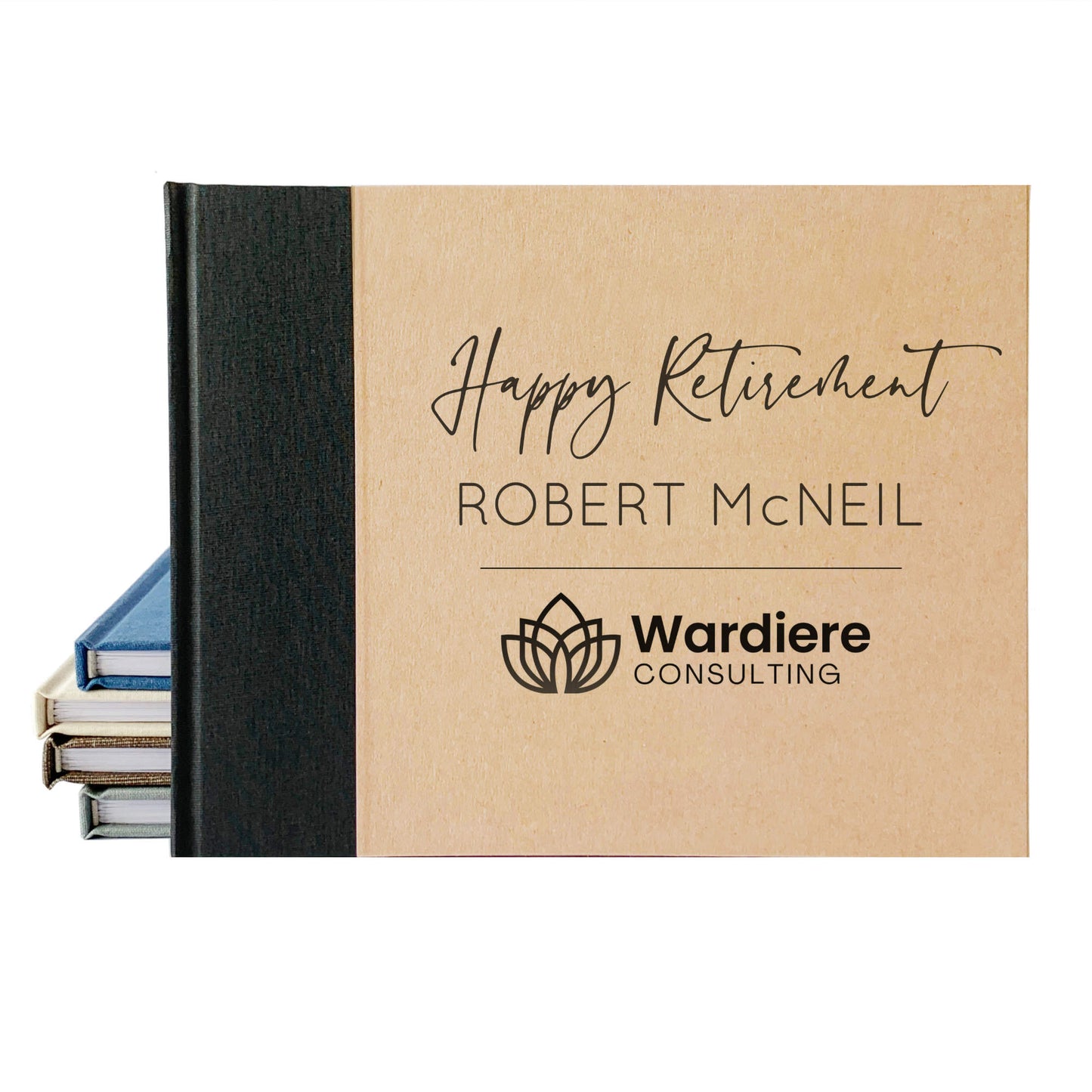 Personalized happy retirement guest book with black linen spine canvas. Hardback with personalized logo design with custom names and date.