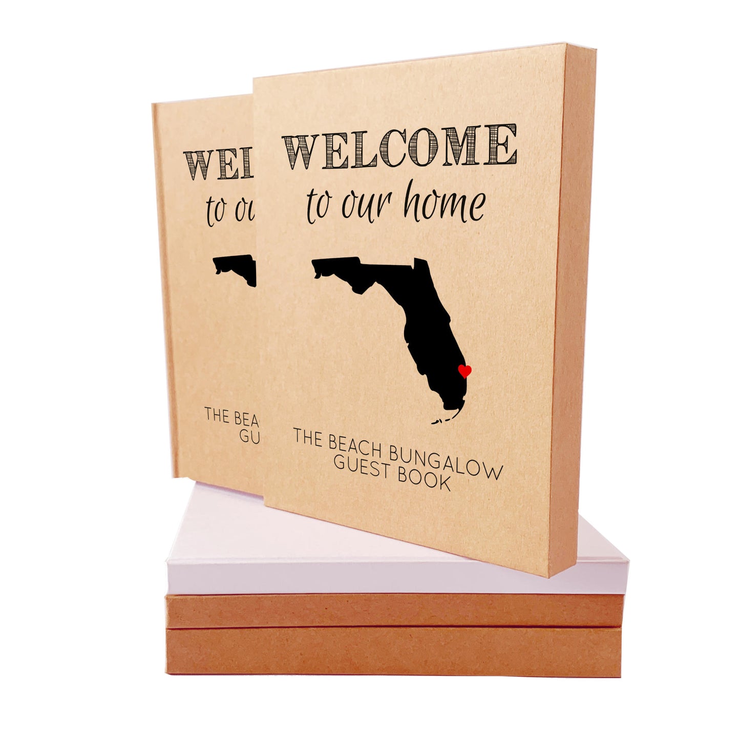 Hand-bound guest book in slipcase with custom cover map highlighting homeowner’s location.