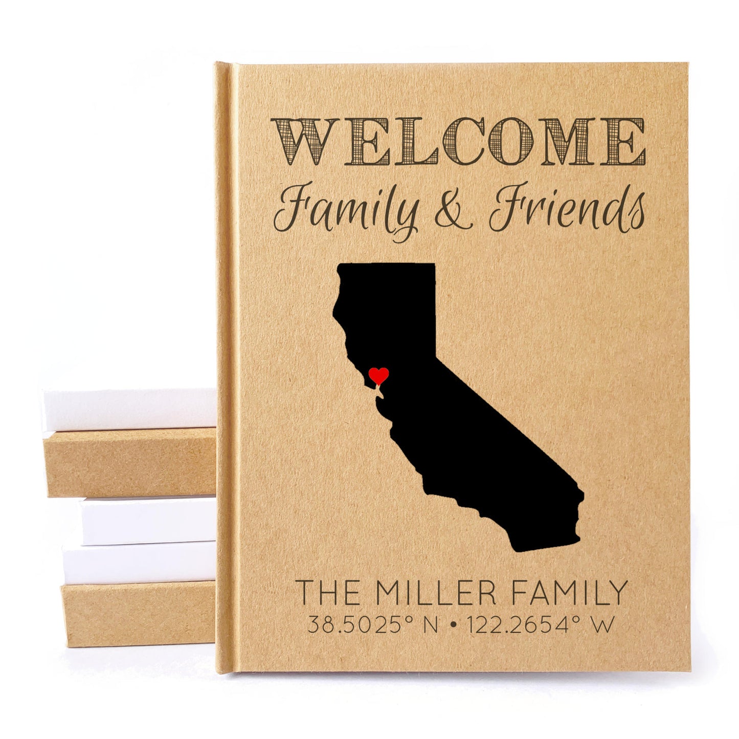 Personalized home guest book with custom state map and family name and latitude and longitude on the cover.