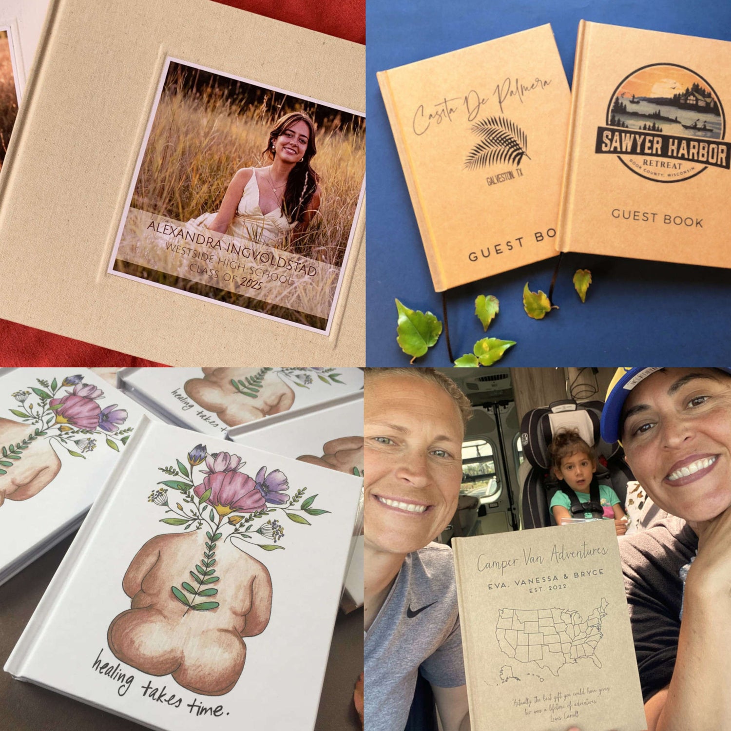 Collage of various books and photo albums with different designs and uses handbound by Transient Books.
