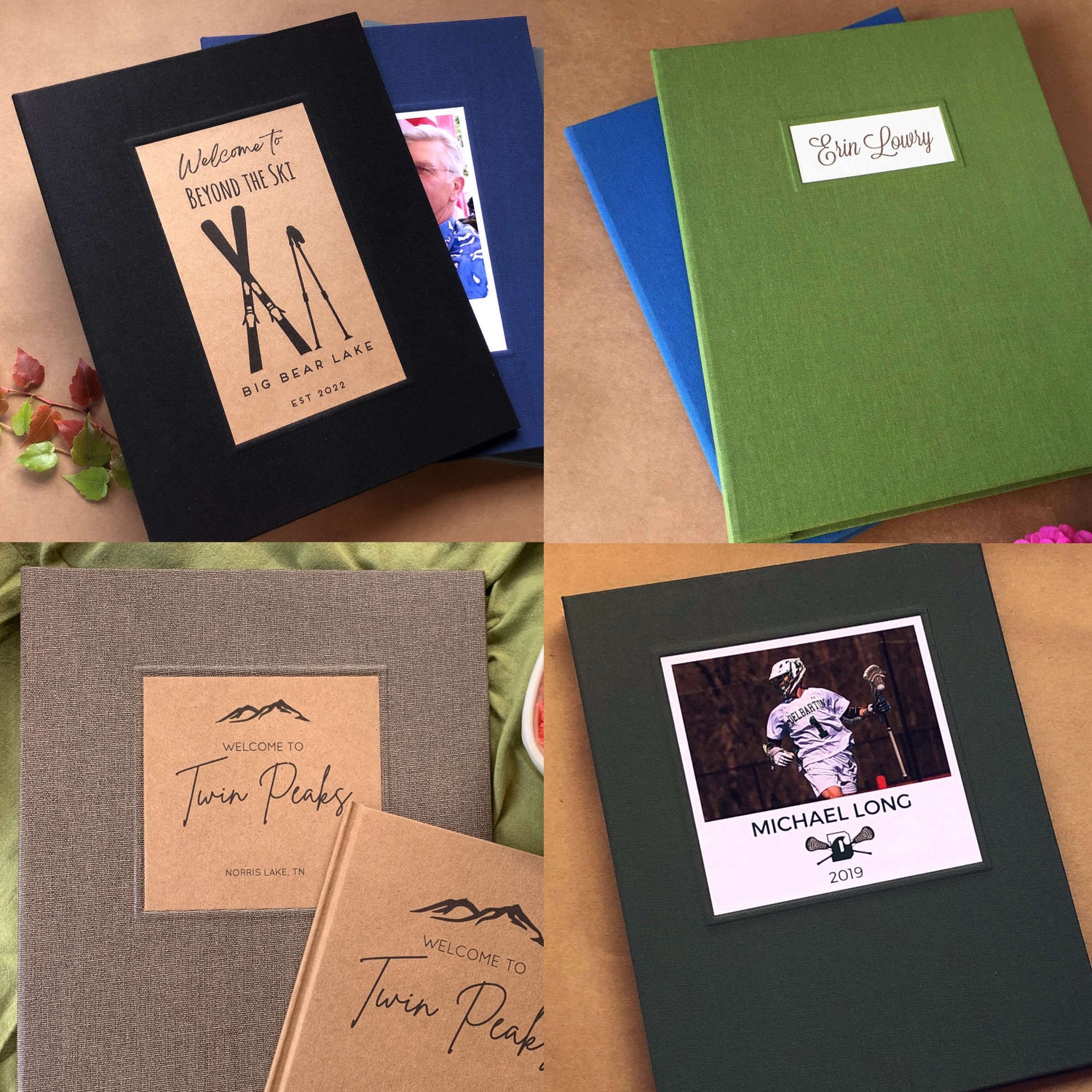 Collection of photo album scrapbooks and binders in various colors with different designs and text. Personalized, hardcover, removable pages, handcrafted.