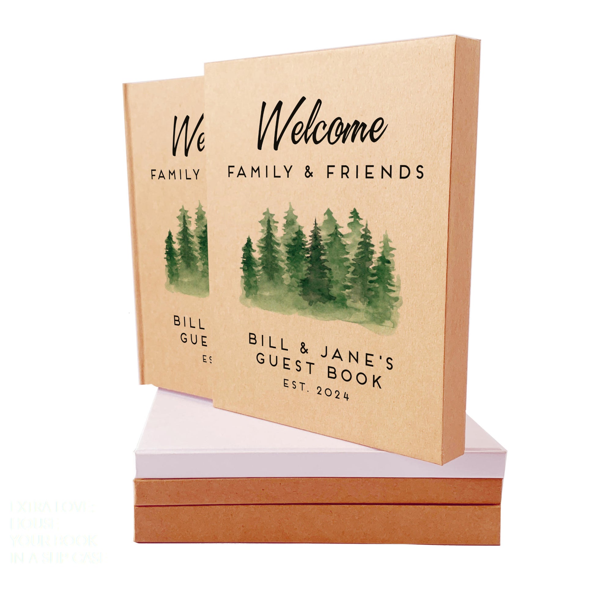Personalized guest book for lake house with custom text and pine trees on the cover. The handbound book is housed in a matching slipcase.