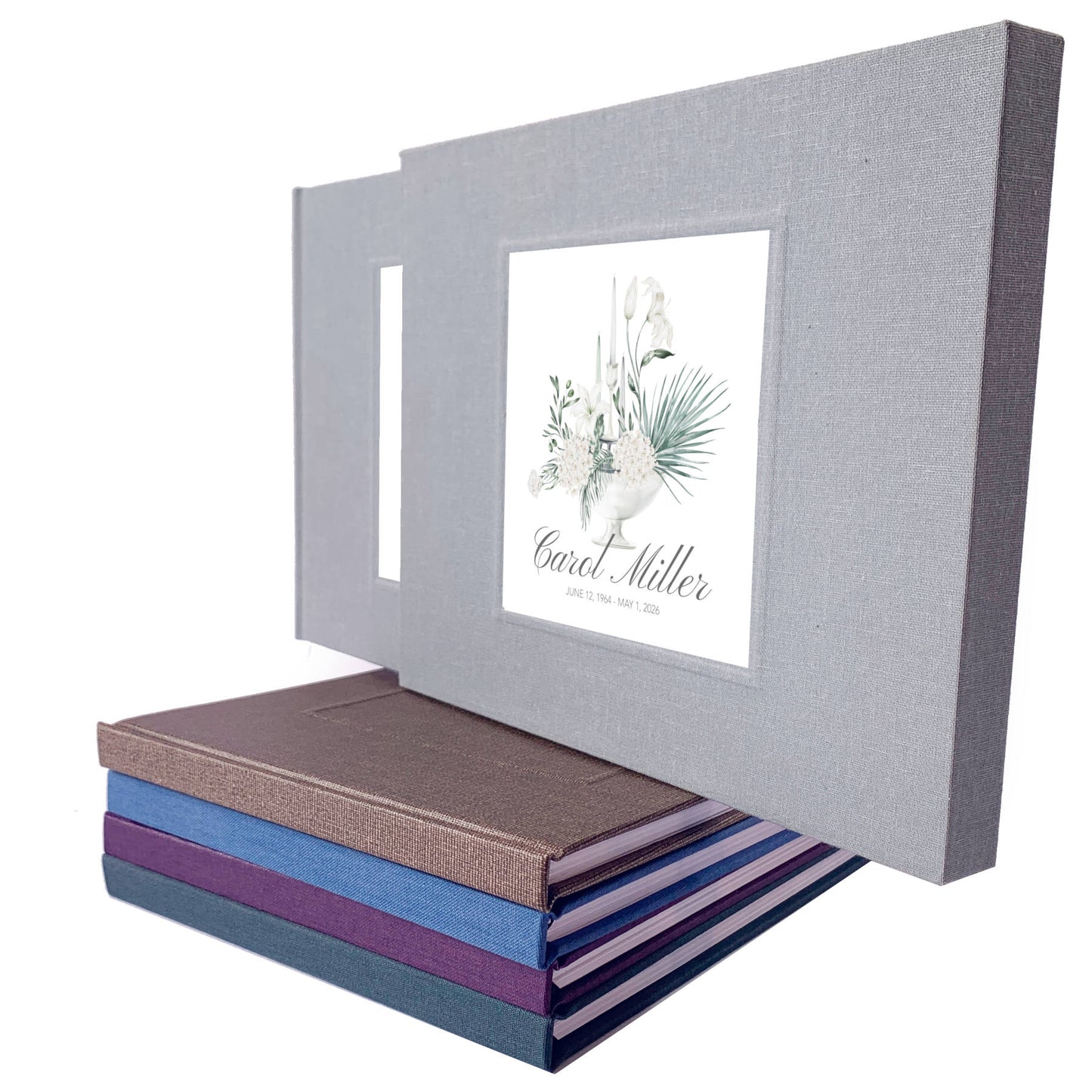 Personalized funeral guest book in a matching book slipcase with white floral bouquet design and custom name and dates on the cover.