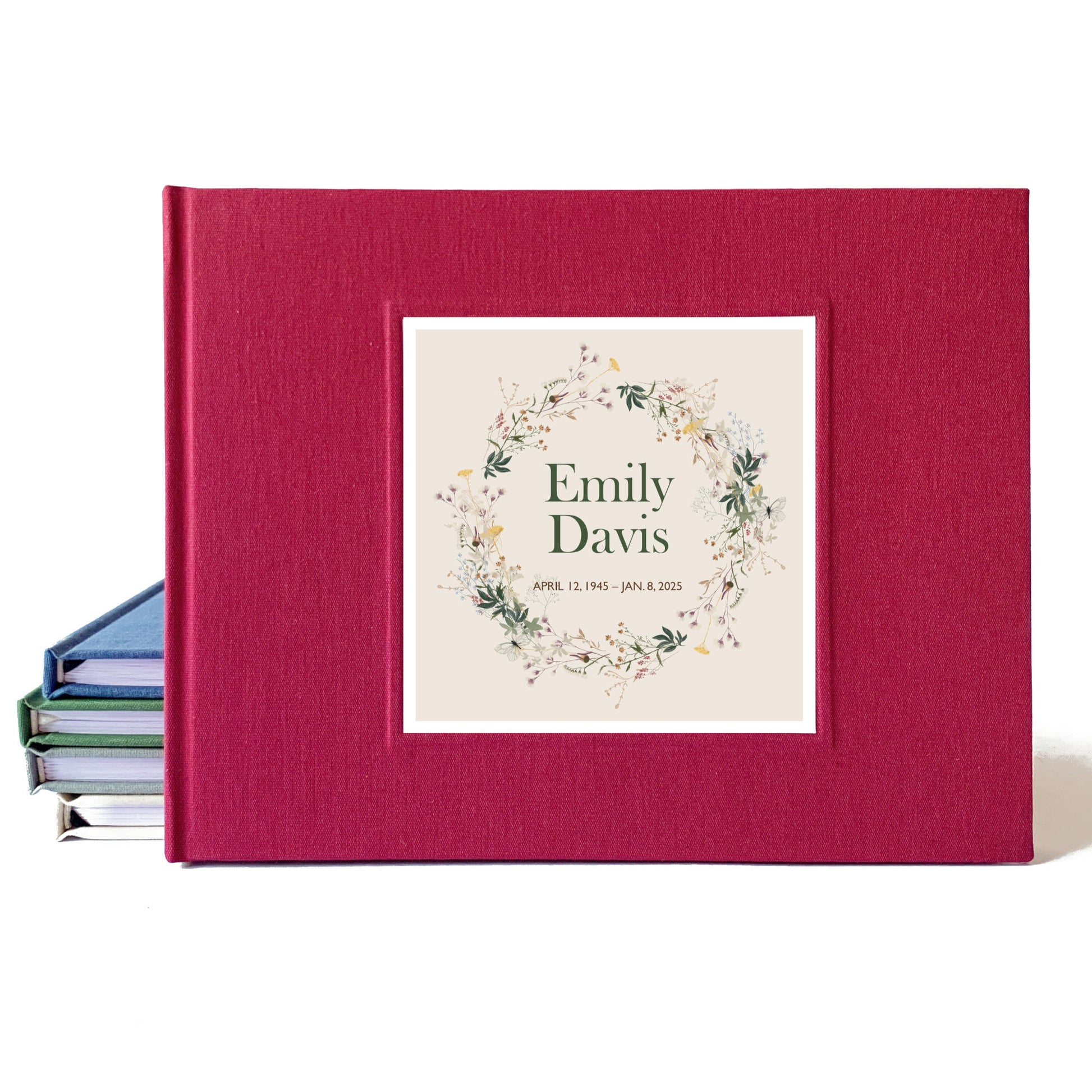 Burgundy linen memorial service guest book, hardback, with personalized wildflower design. Heirloom quality.