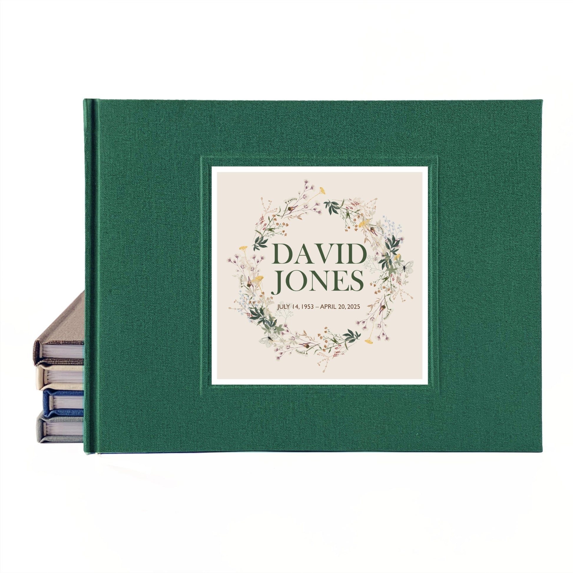 Forest green memorial service guest book with wildflower design to commemorate a loved one. Hard back hand crafted funeral sign in book, heirloom quality.