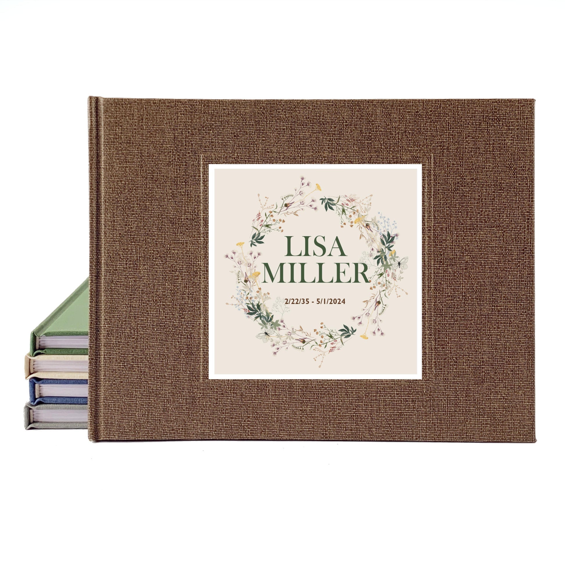 Brown memorial service guest book, hardback, handcrafted, heirloom quality. Nature themed design on cover is personalized as needed with deceased's name and dates.