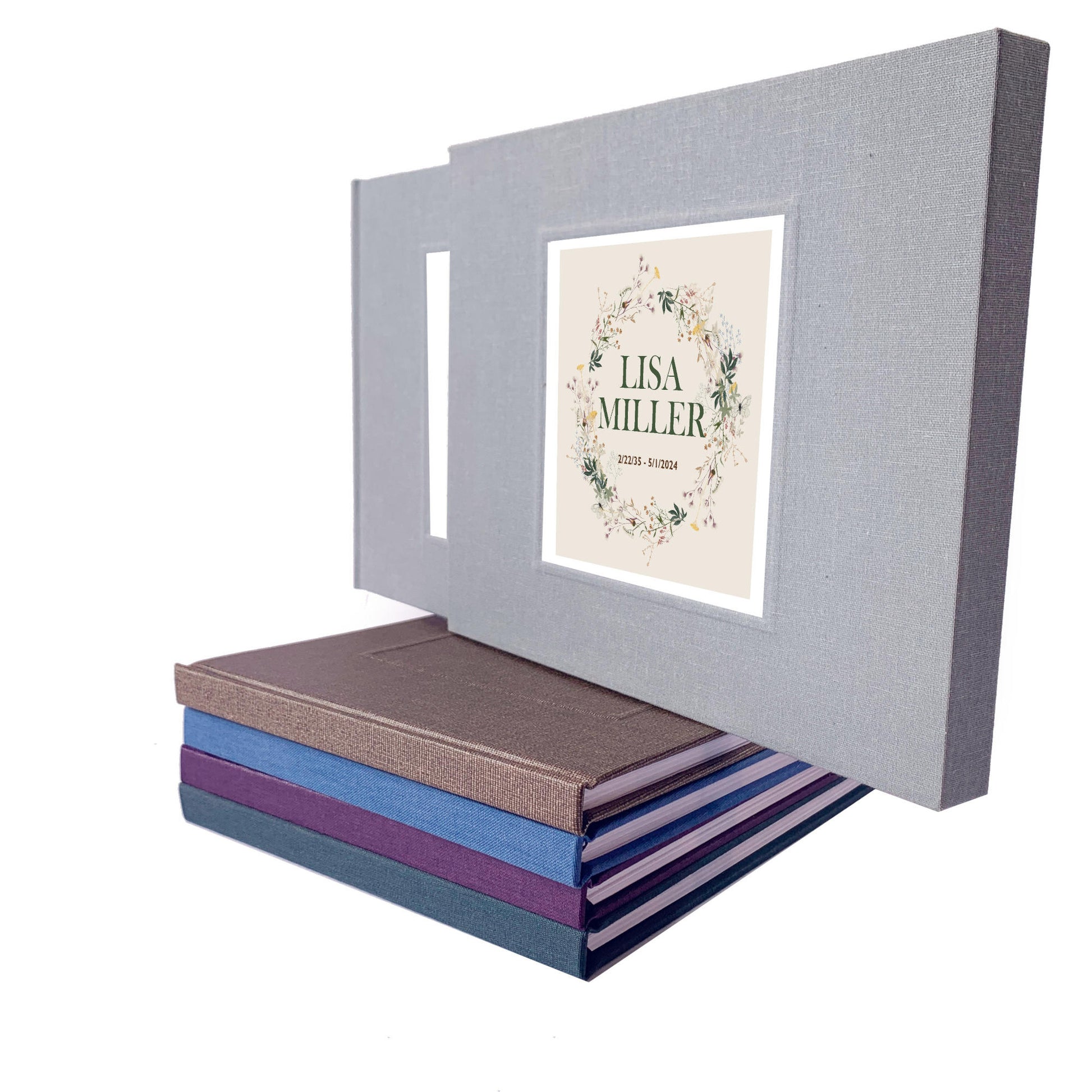 Gray memorial service guest book in slipcase with natural wildflower design to commemorate a loved one.