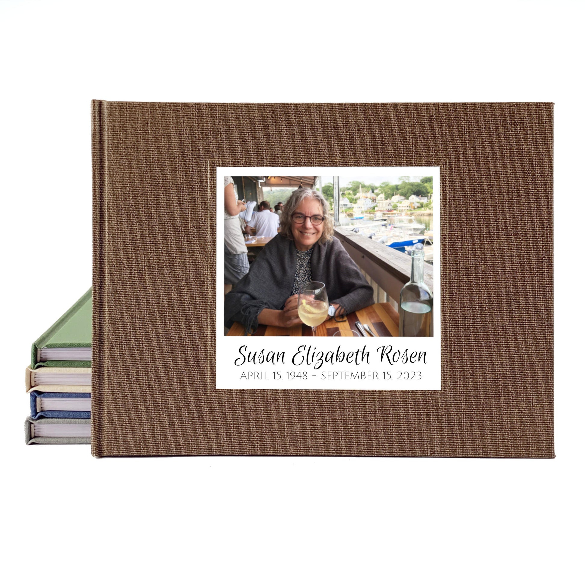 Memorial service guest book with a personalized cover including a photo of the person being mourned, and custom text. Heirloom quality, hand crafted.