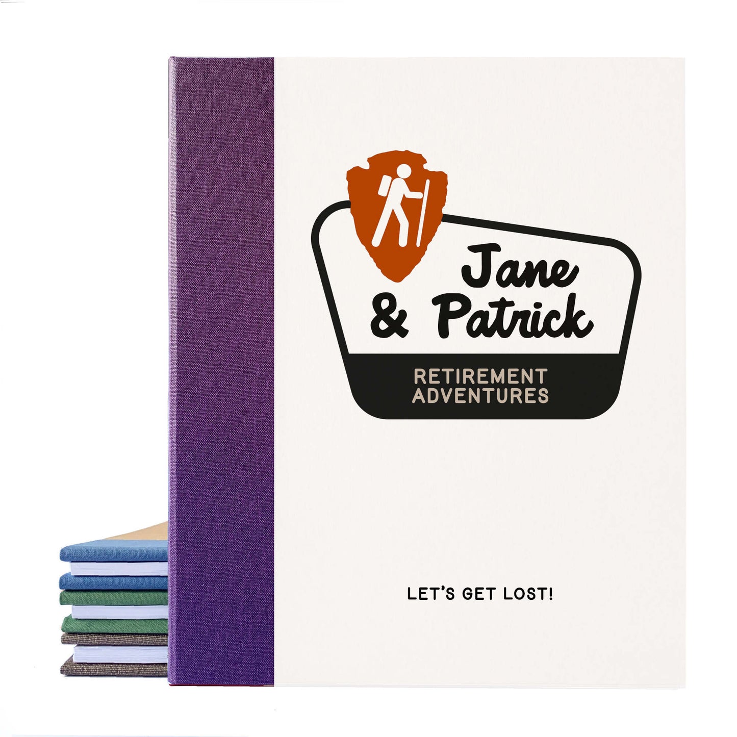 Book with purple spine and 'Jane & Patrick Retirement Adventures' cover on a white background. National Parks Scrapbook custom made.