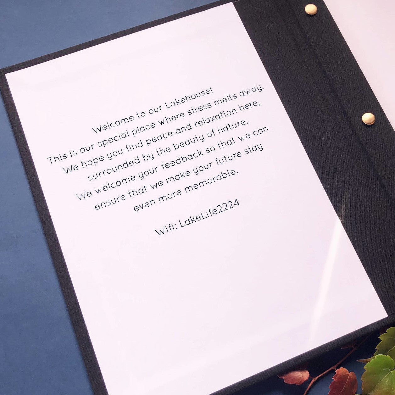 Personalized welcome message custom printed on the inside front cover of an airbnb welcome binder.