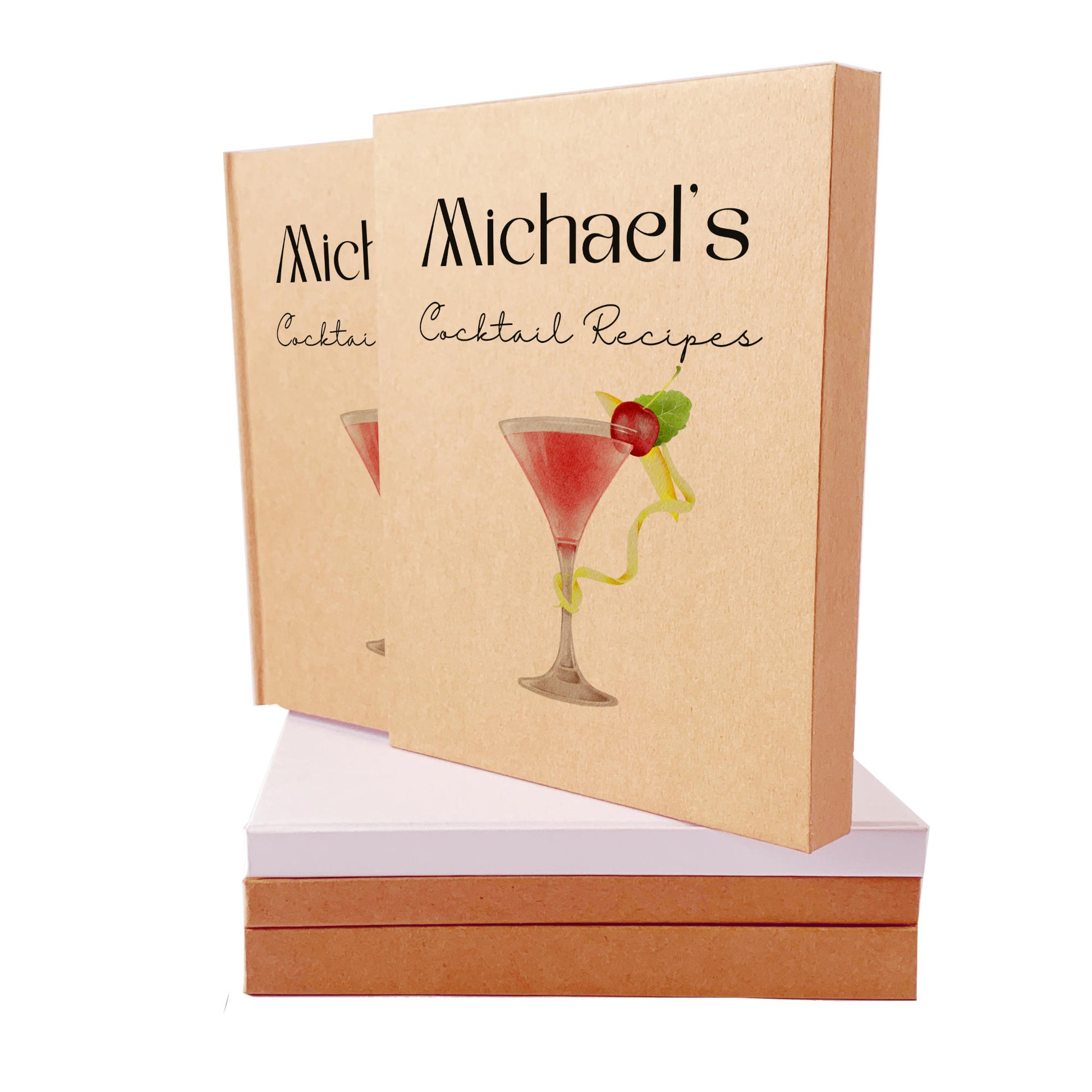 Personalized cocktail book with fancy martini illustration on cover, housed in a book slipcase.