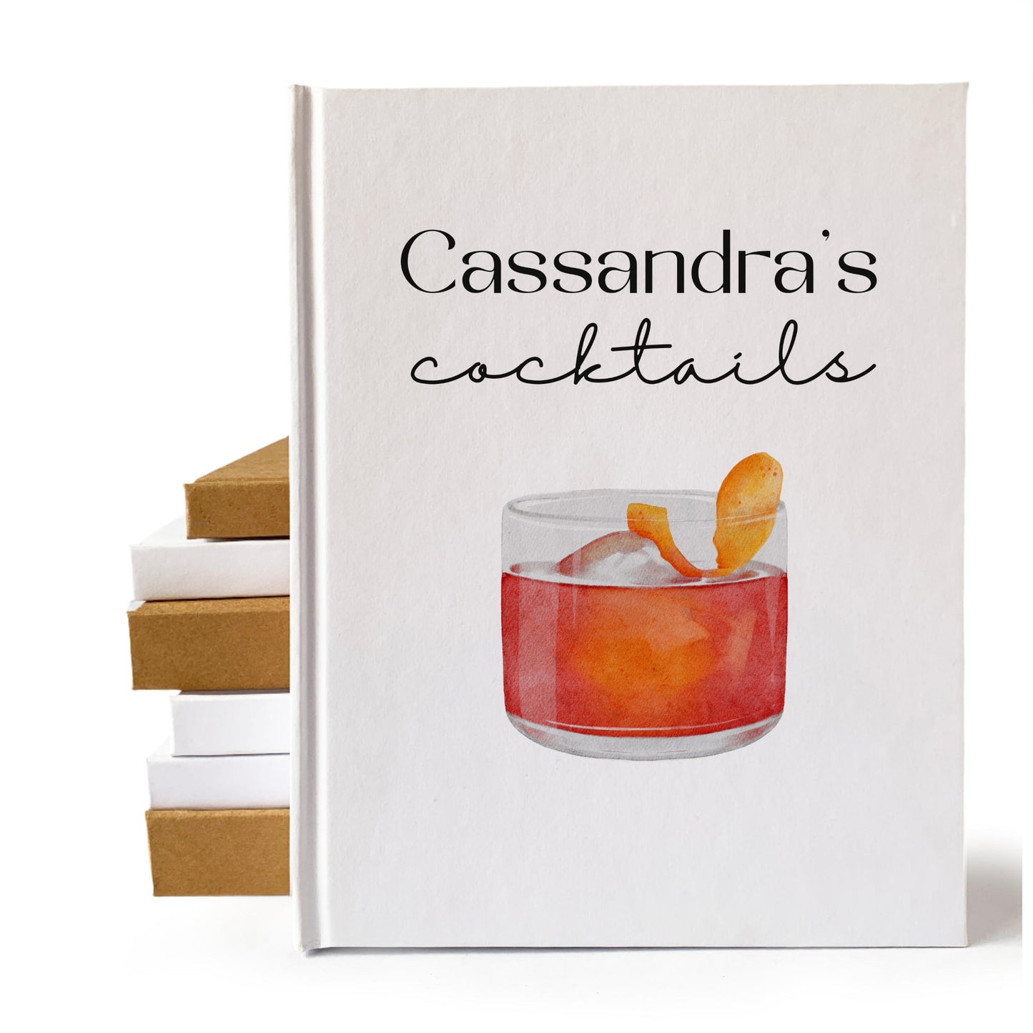 Personalized cocktail book with illustration of negroni cocktail drink on cover. Custom text on cover of keepsake book, made to order.