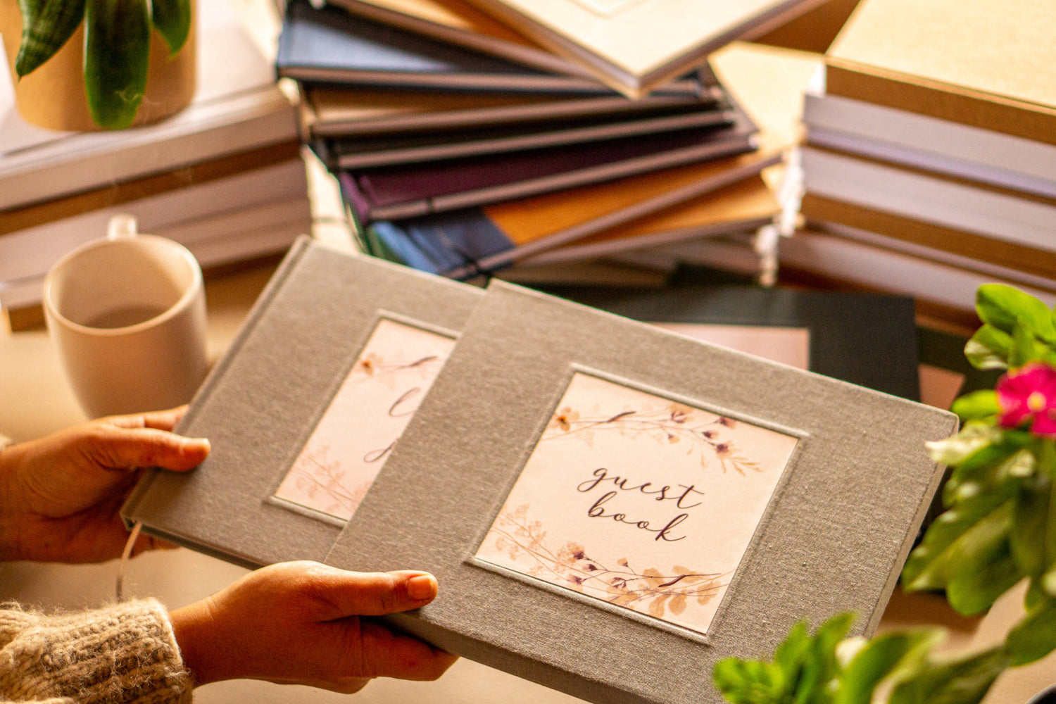 Personalized guest book for home housed in a matching handcrafted slip case for books.