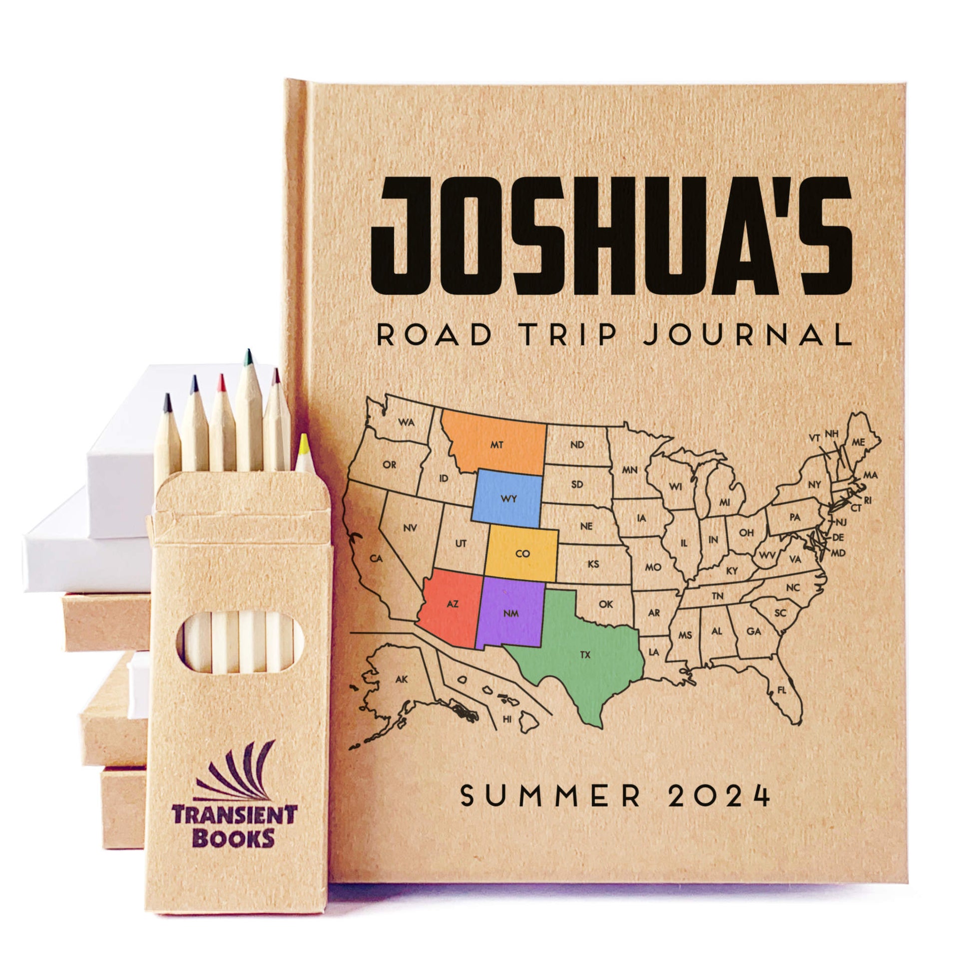 Personalized travel notebook with a USA map cover ready to color in, perfect for road trips and adventure journaling.