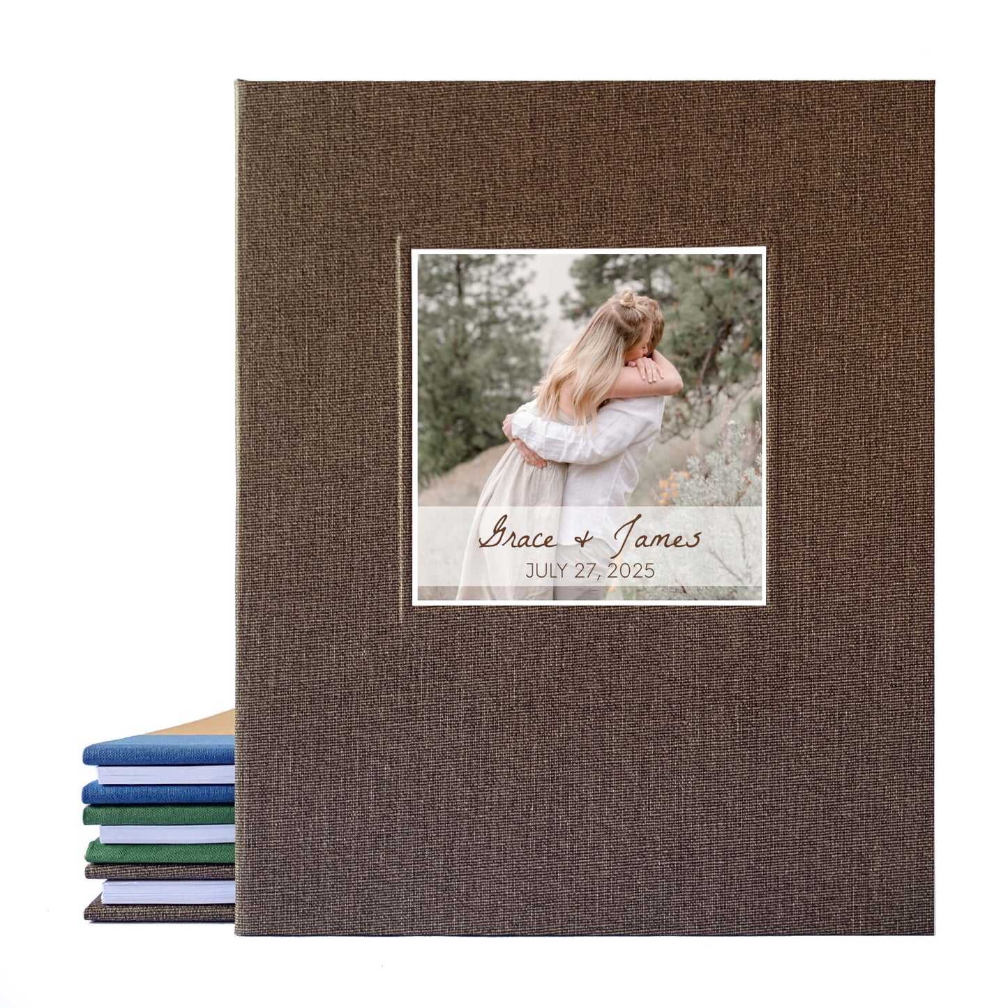 Rustic brown full linen canvas photo guest book for wedding with removable pages and the couple's engagement photo on the cover. Their names are also on the cover. Heirloom quality.