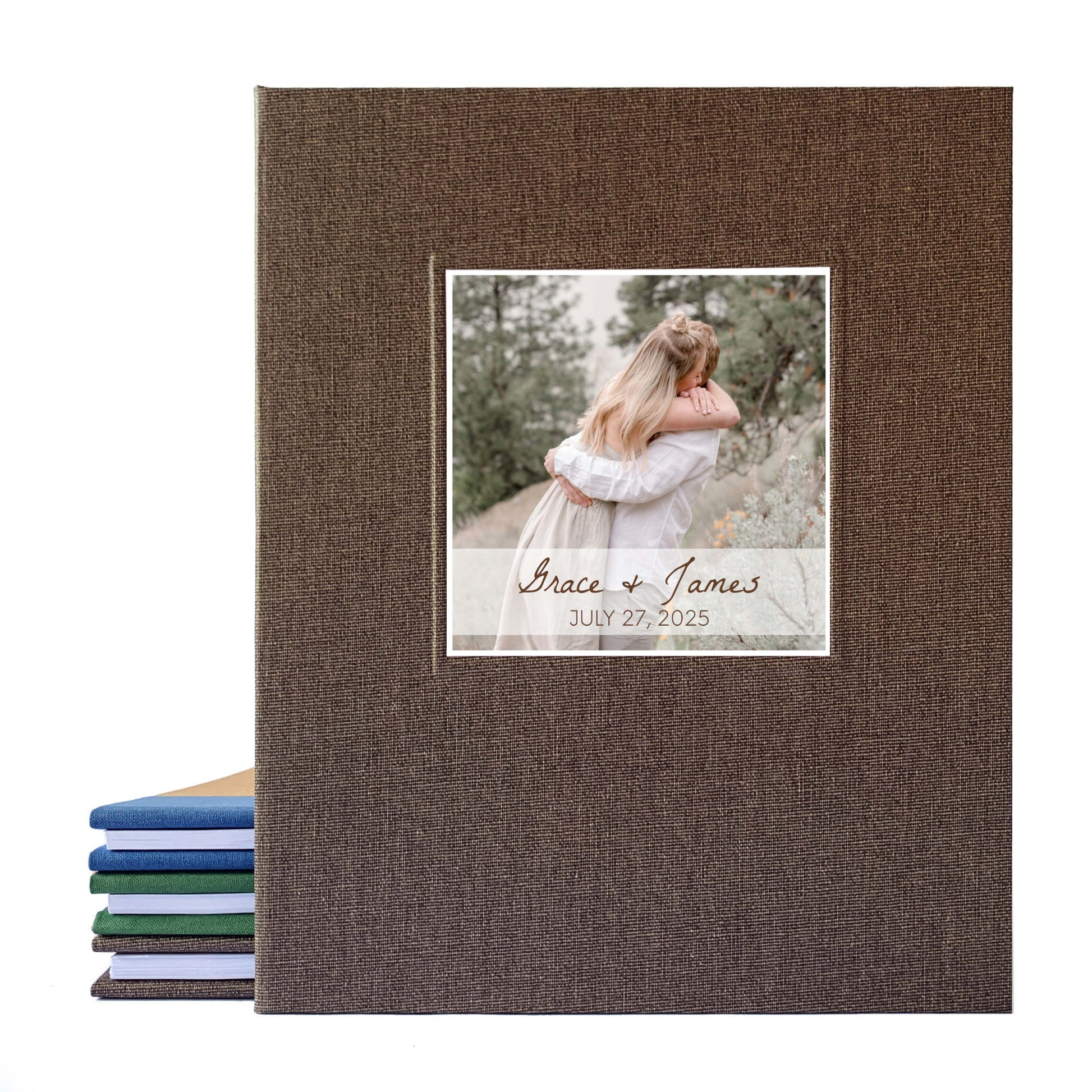 Rustic brown full linen canvas photo guest book for wedding with removable pages and the couple's engagement photo on the cover. Their  names are also on the cover. Heirloom quality.