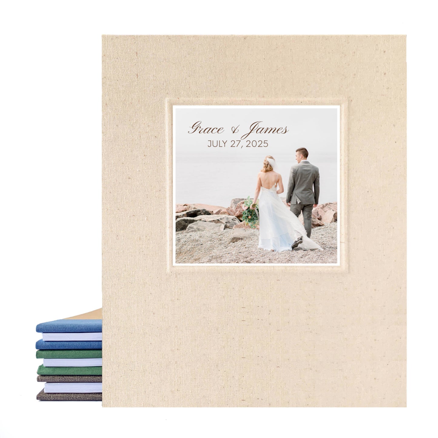 Cream linen photo guest book for wedding with removable pages. Ideal for guests to stick photos and special messages. Engagement photo and custom text on the cover. Heirloom quality keepsake.
