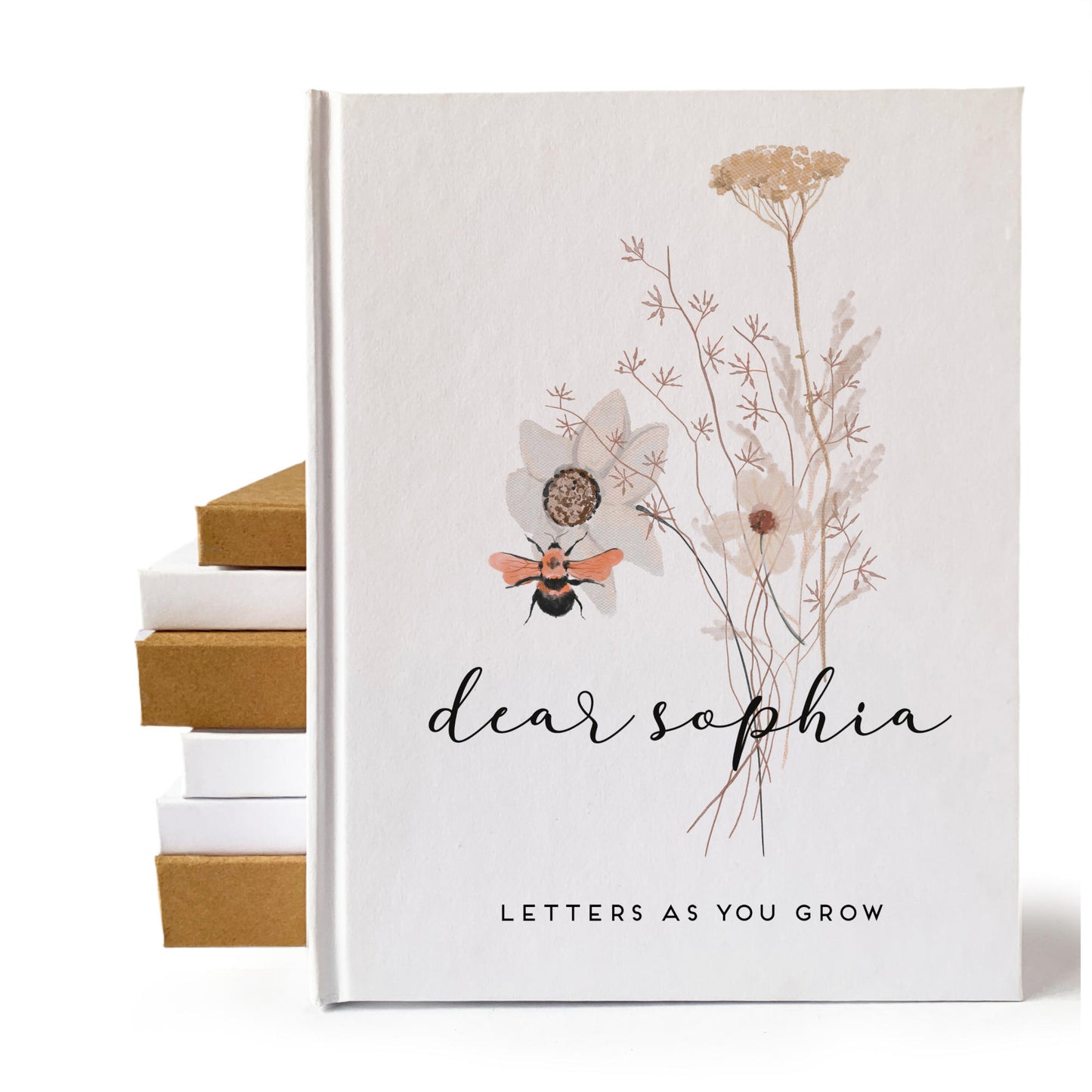 White pregnancy planner. Hard back, hand bound. The cover is personalized with the baby's name and a bouquet of wildflowers.
