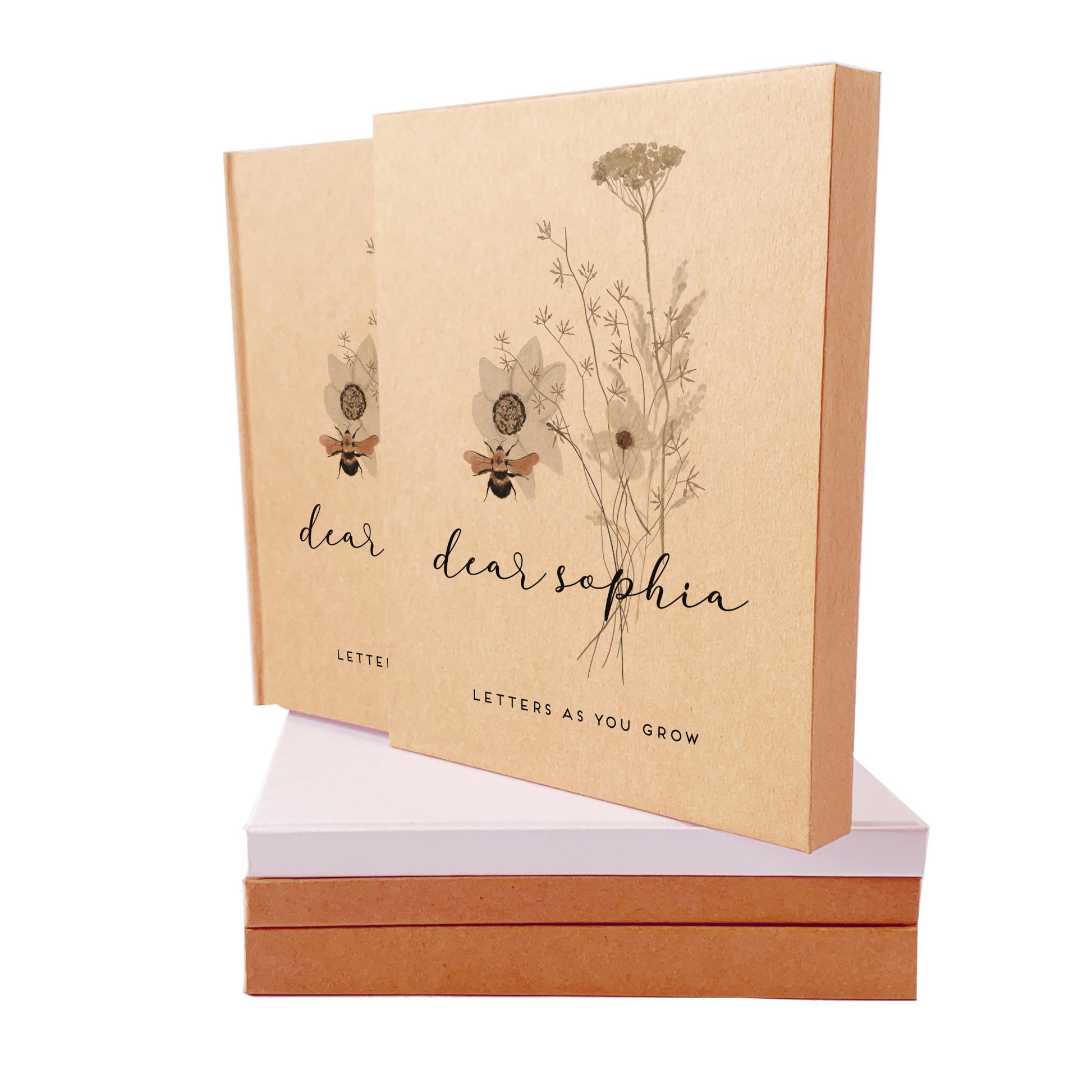 Personalized pregnancy journal housed in a book slipcase with a custom wildflower design on the cover and custom text.