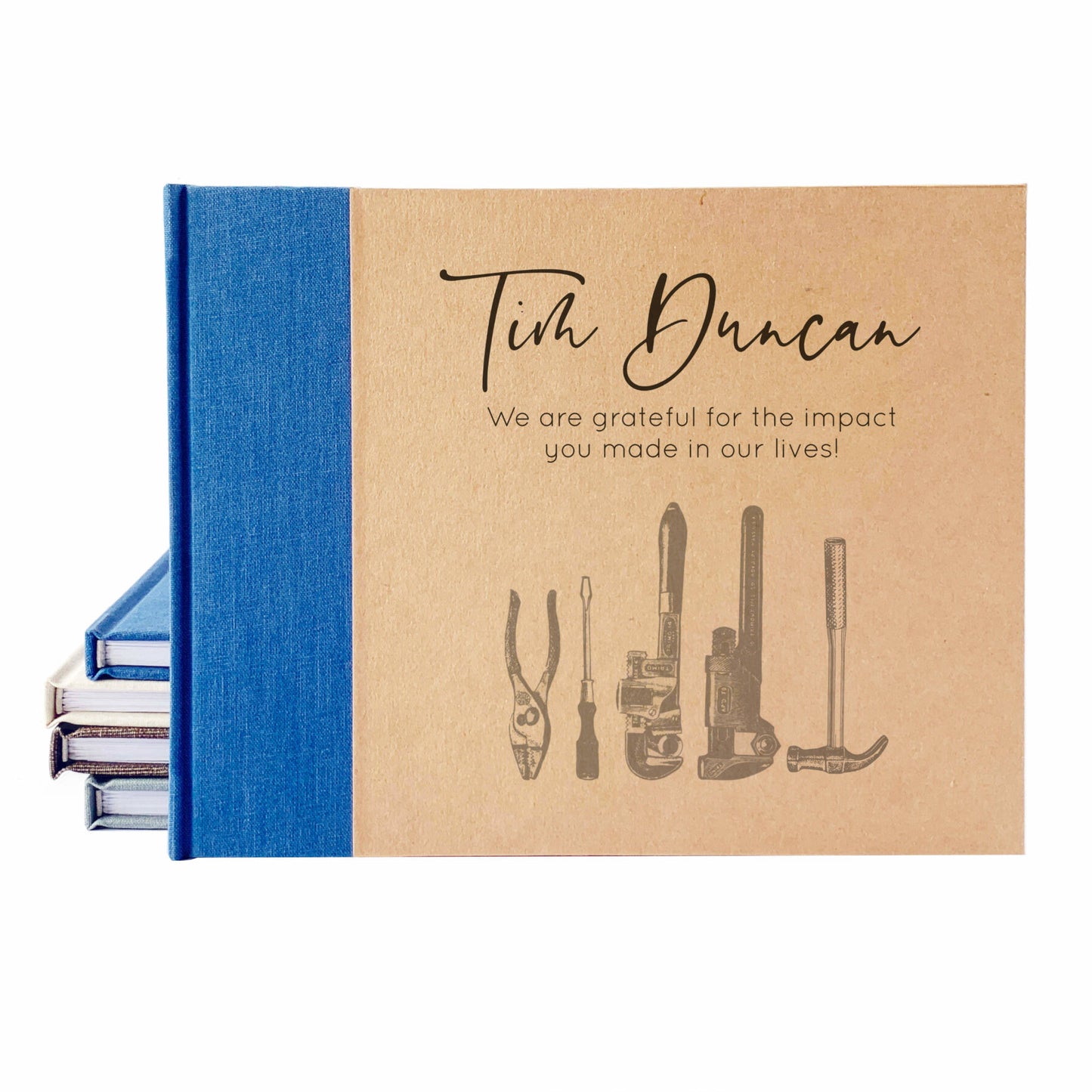 Personalized retirement guest book with navy blue linen spine canvas. Hardback with personalized tool artwork cover design with custom names and date.