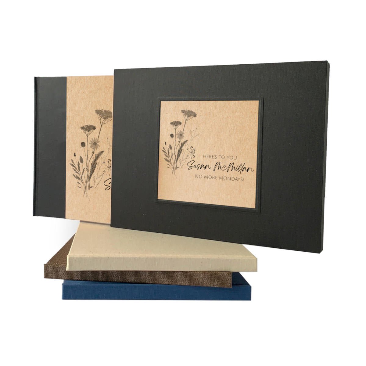 Custom retirement party guest book in slipcase, a keepsake for coworkers and friends to share memories and best wishes.