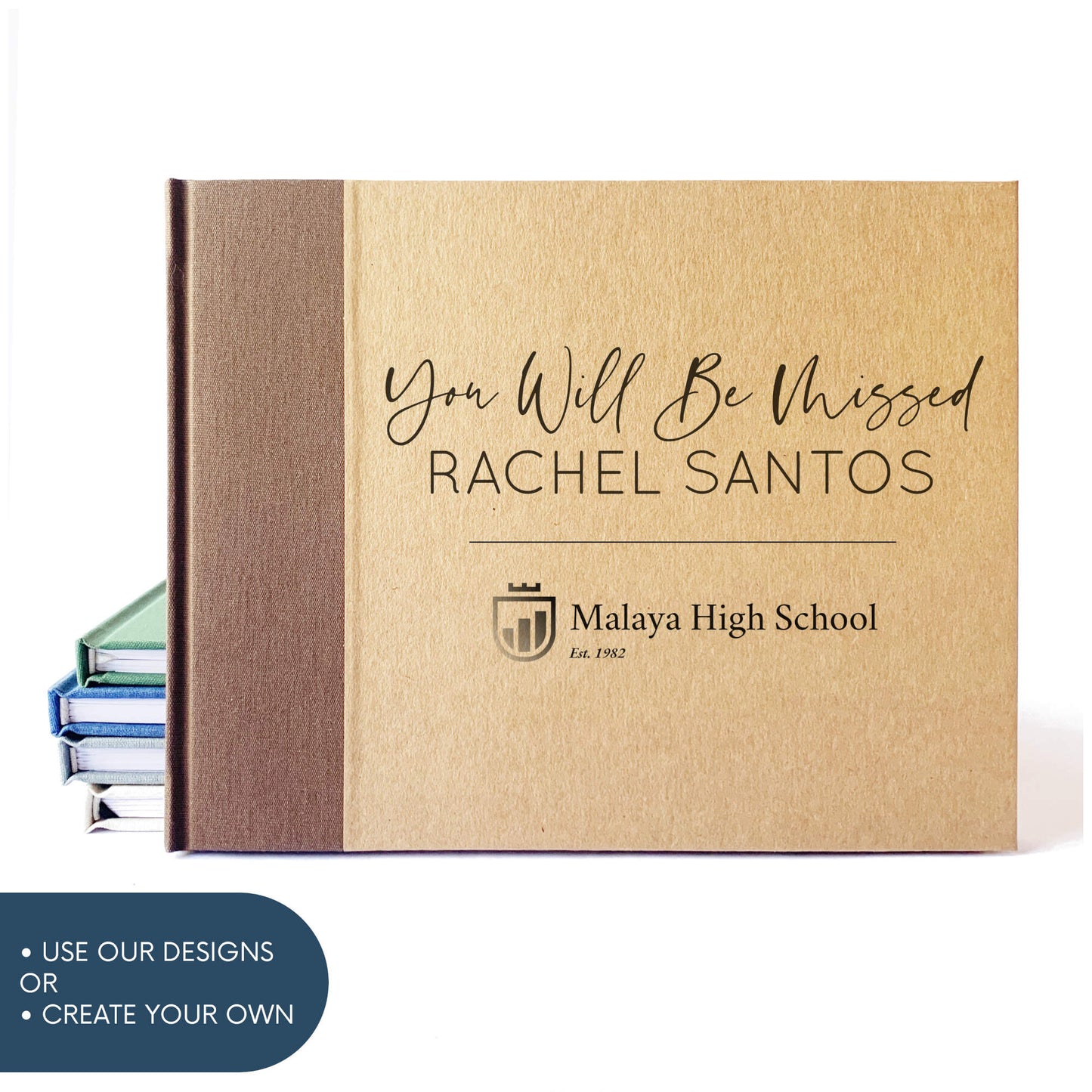 Personalized retirement guest book with brown linen spine canvas. Hardback with personalized logo cover design with custom names and date.