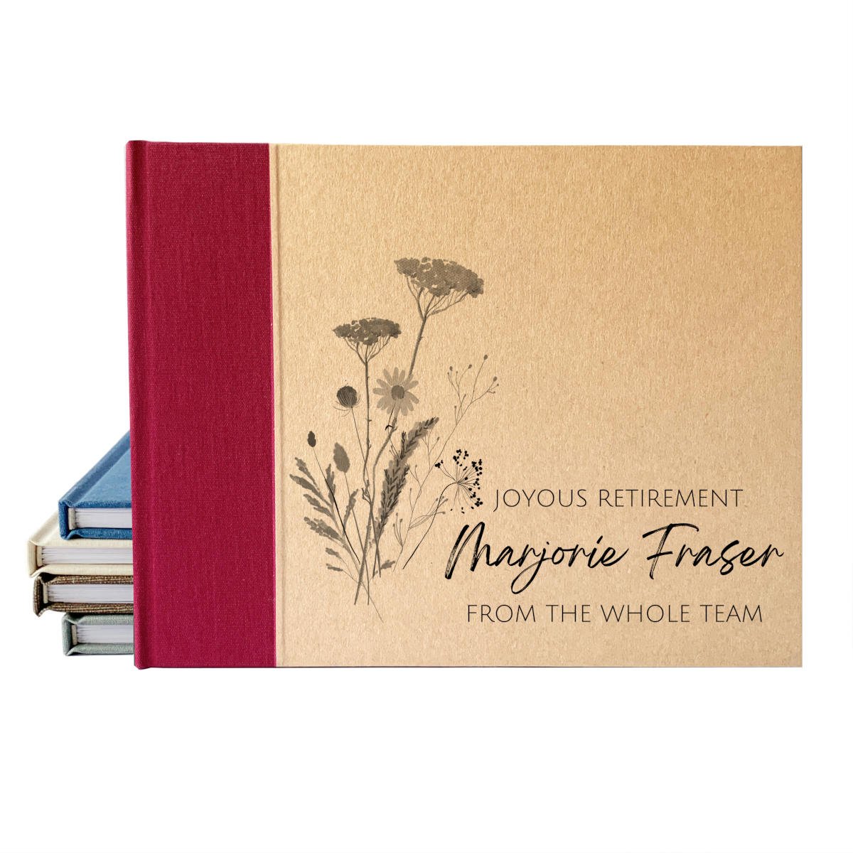 Hand-bound retirement guest book, personalized for a special send-off celebration with space for heartfelt notes.