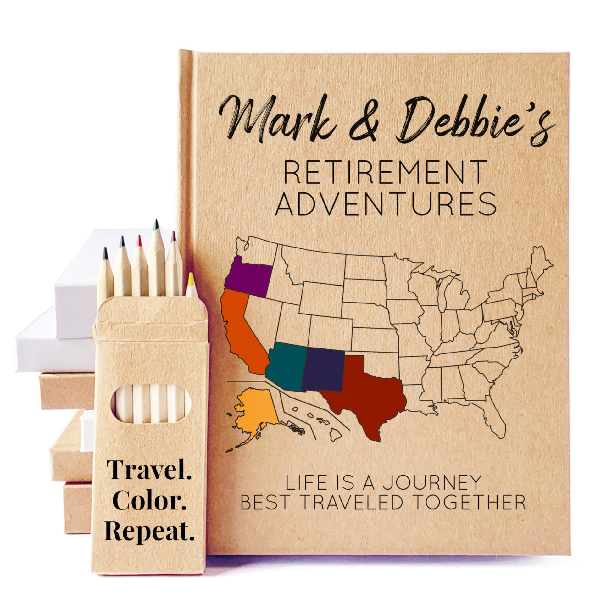 Personalized retirement travel journal with colored pencils and map design on a white background