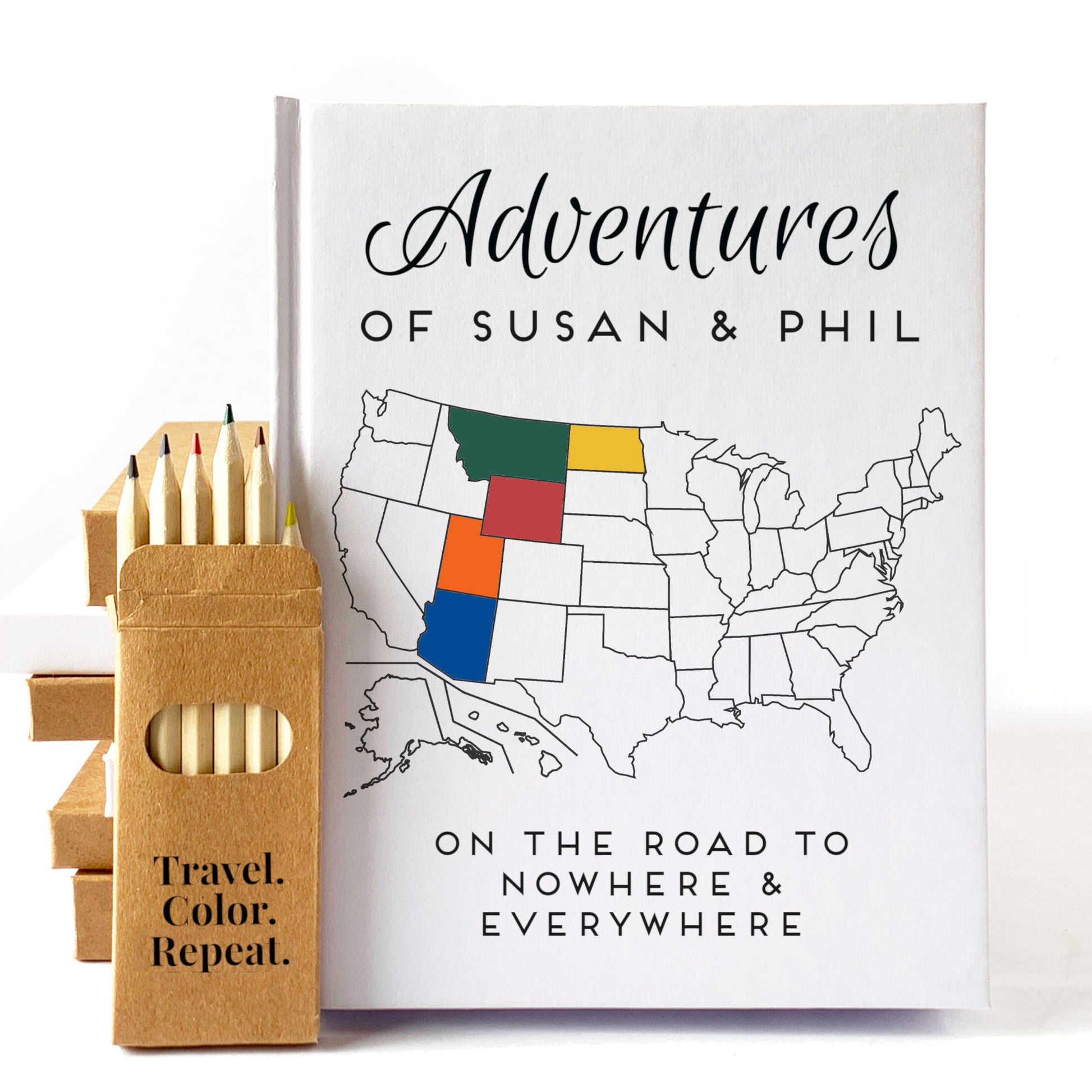Retirement travel journal with custom map of USA on cover for coloring in. Colored pencils included. Personalized text on white, hardback cover. Handbound book, heirloom quality.
