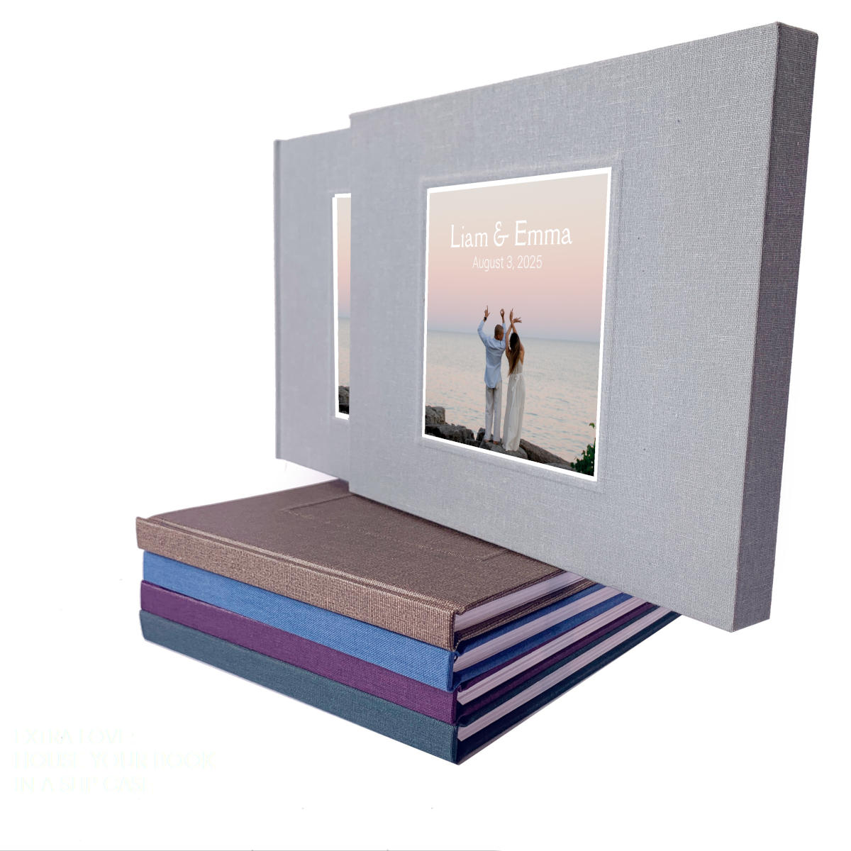 Custom slipcase for wedding guest book, handcrafted to match cover design, adds protection and a polished presentation.