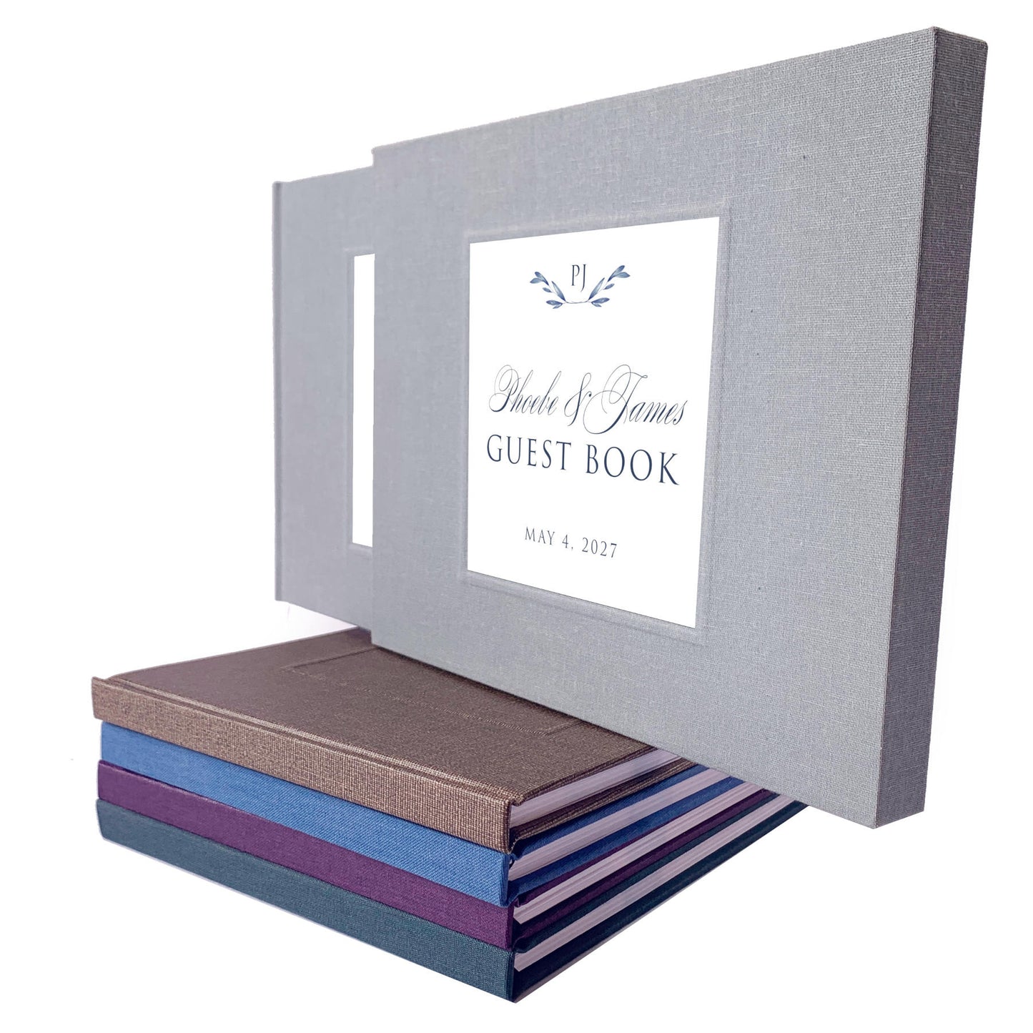 Gray linen wedding guest book with a traditional script design for the couple's names, housed in a matching book slipcase.