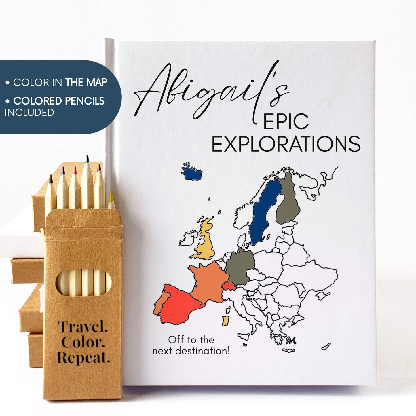 Custom travel journal with european map on the cover for coloring in. Hardback, handbound book, custom text, with colored pencils.