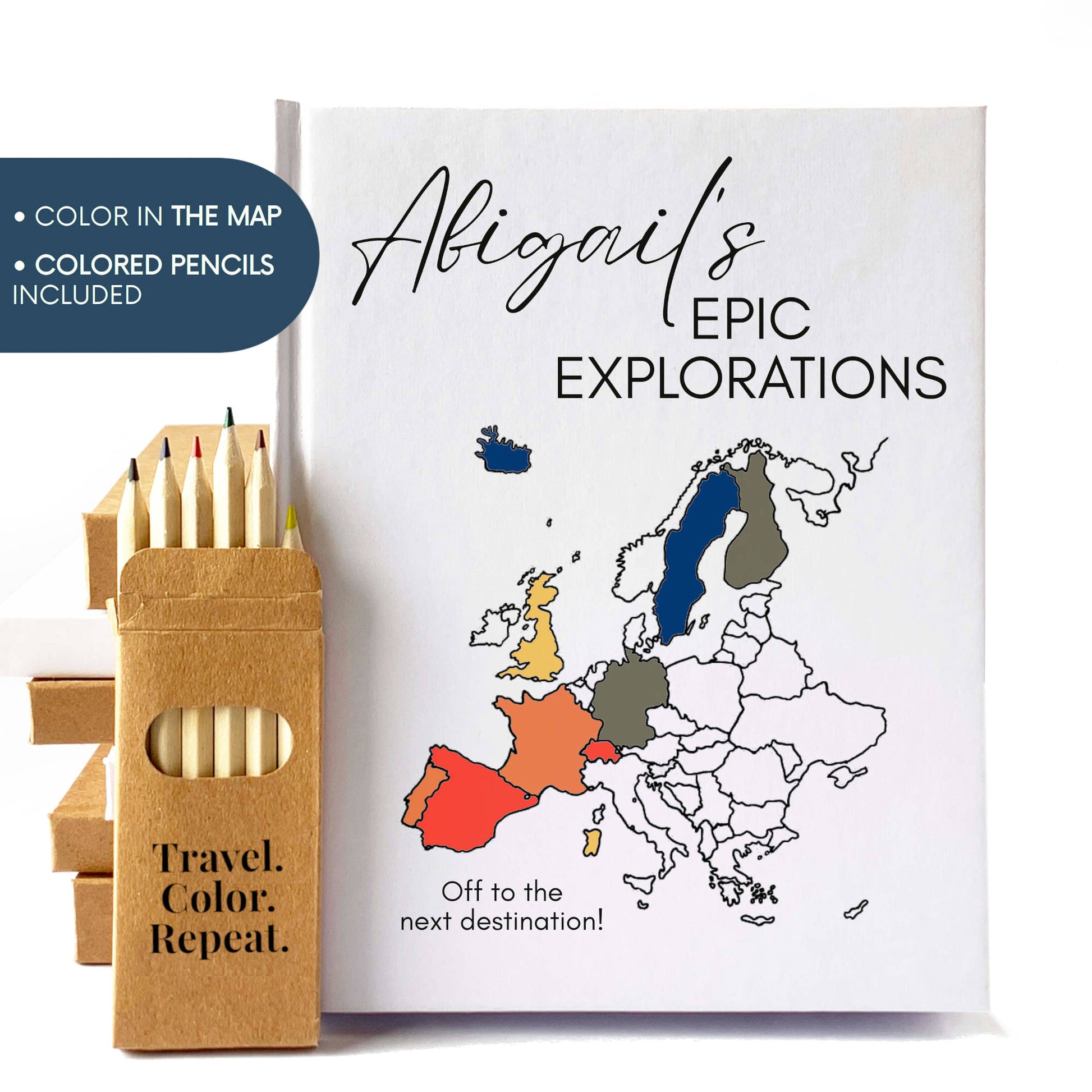 Custom travel journal with european map on the cover for coloring in. Hardback, handbound book, custom text, with colored pencils.