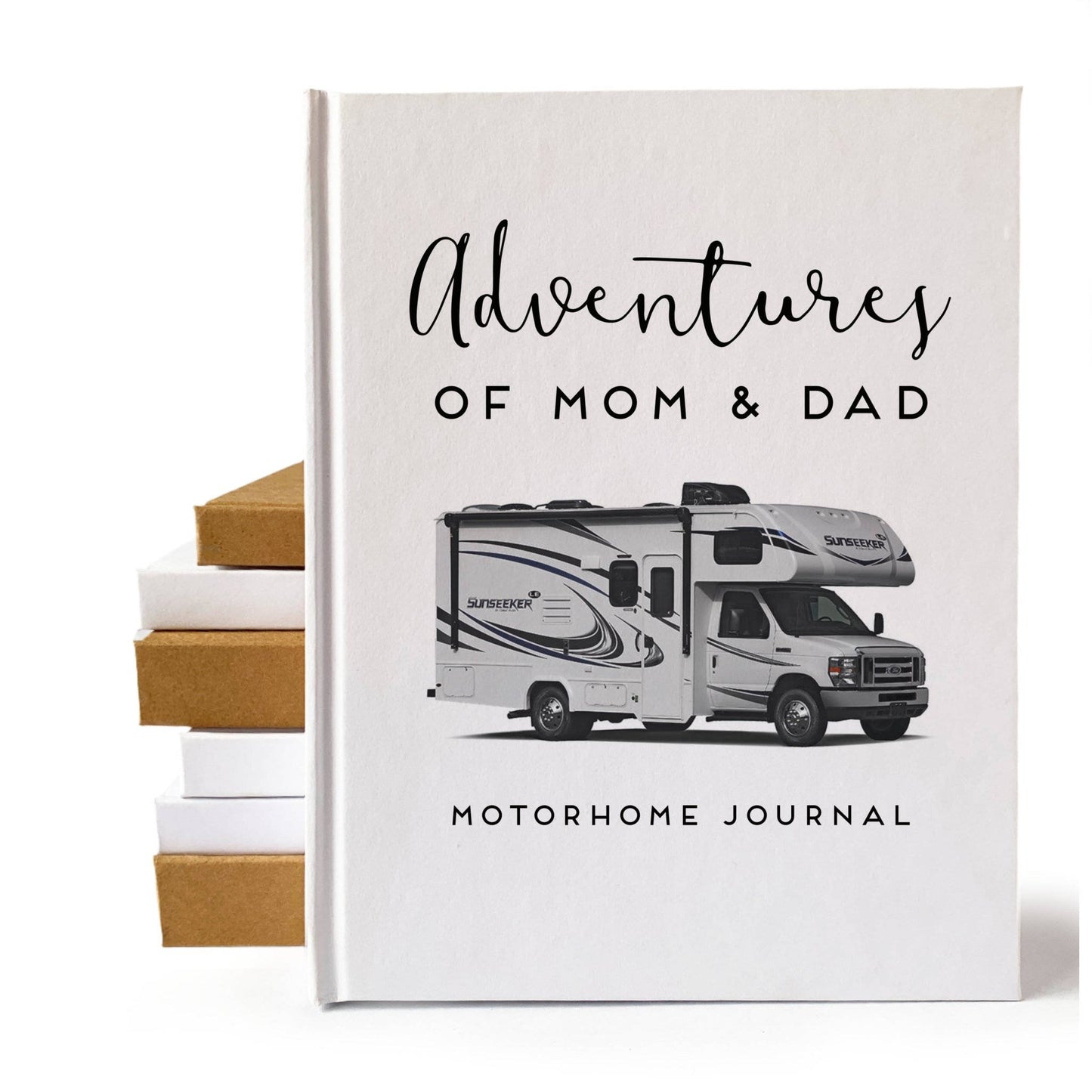 Hand-bound travel log for RV owners with a photo of their motorhome on the cover.