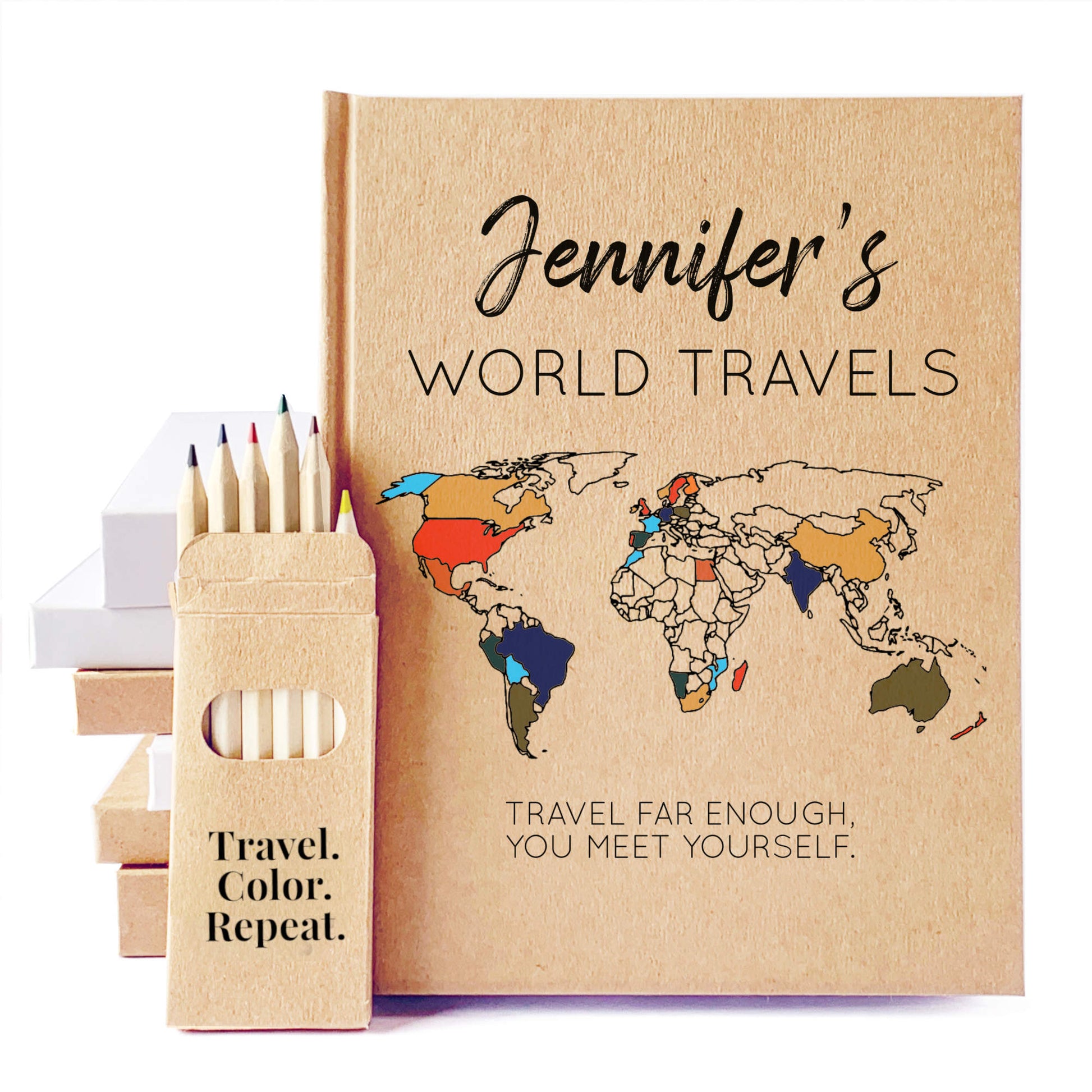 World map travel journal with map for coloring in and custom text and colored pencils. Traveler's notebook is kraft colored, hardback, made to order, very high quality.