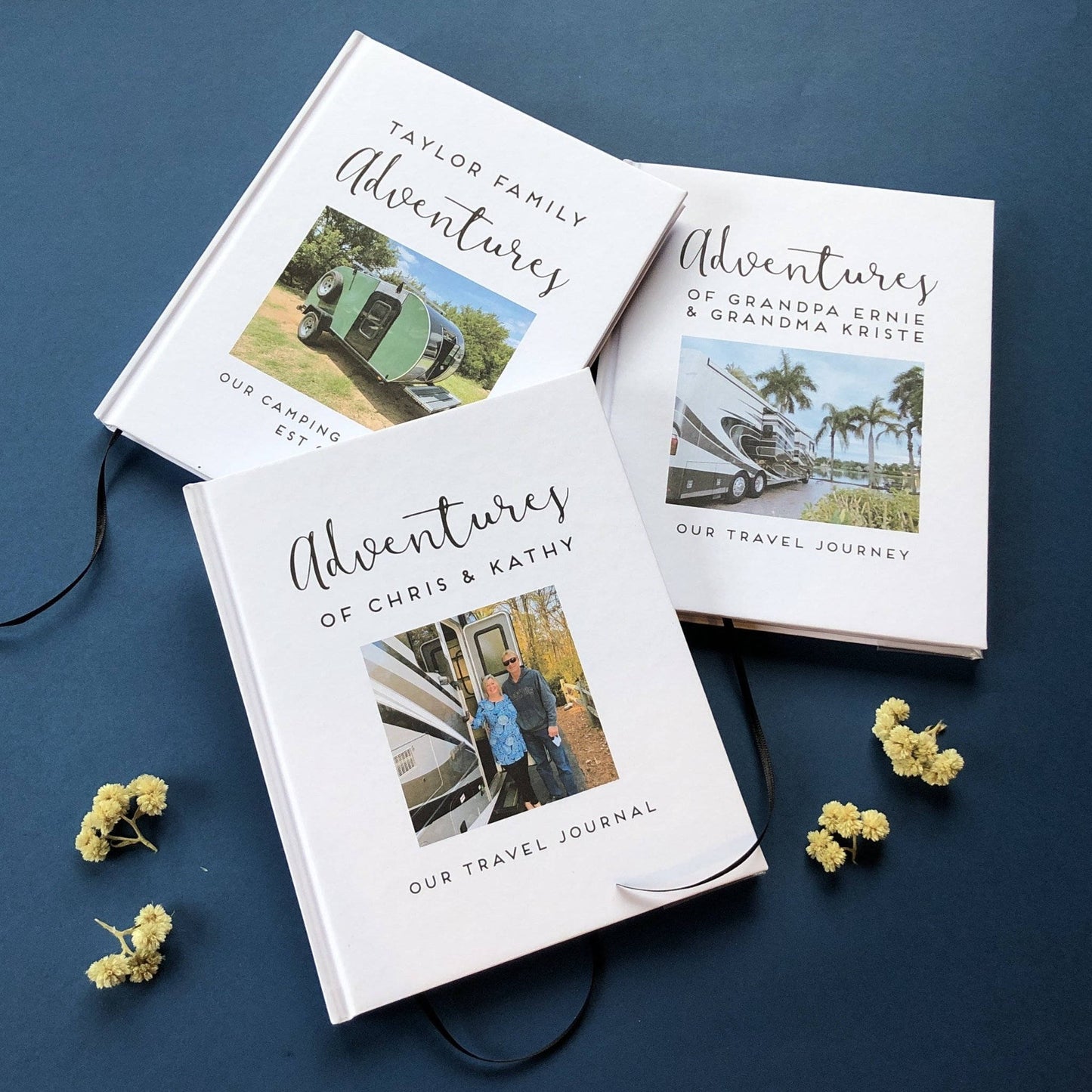 3 custom made travel journals for RV owners with their photos on the cover.