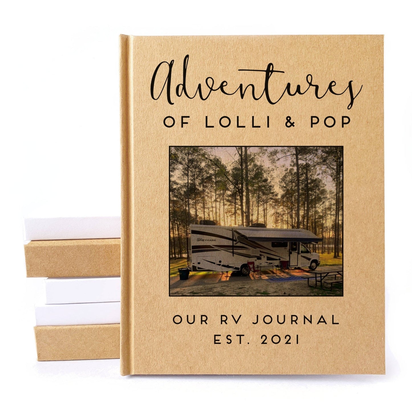 Custom RV camping journal with photo of motorhome on the cover and personalized text