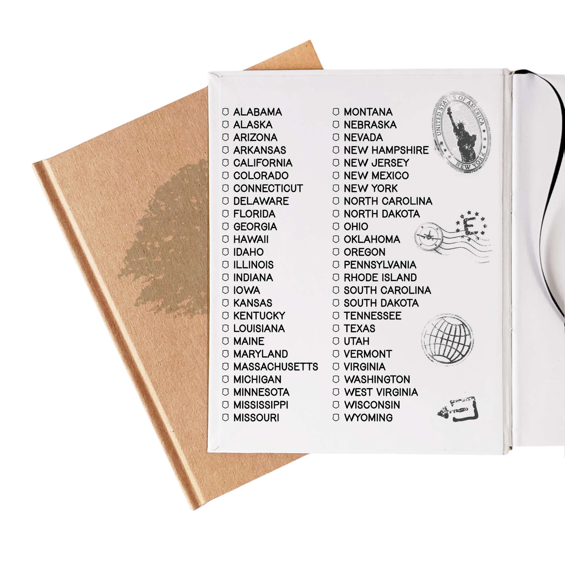 Custom travel notebook open to a checklist of states visited, ready for your road trip memories and adventures.